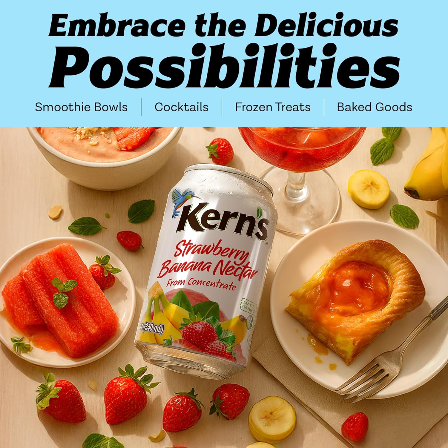 Kern’s Strawberry Banana Nectar Juice - Made with Fresh Fruit Puree - Tropical Fruit Juice Concentrate for Smoothie Mix, Cocktail Mixers & Kids Drinks & Beverages - 11.5oz, 24 Pack Canned Drinks