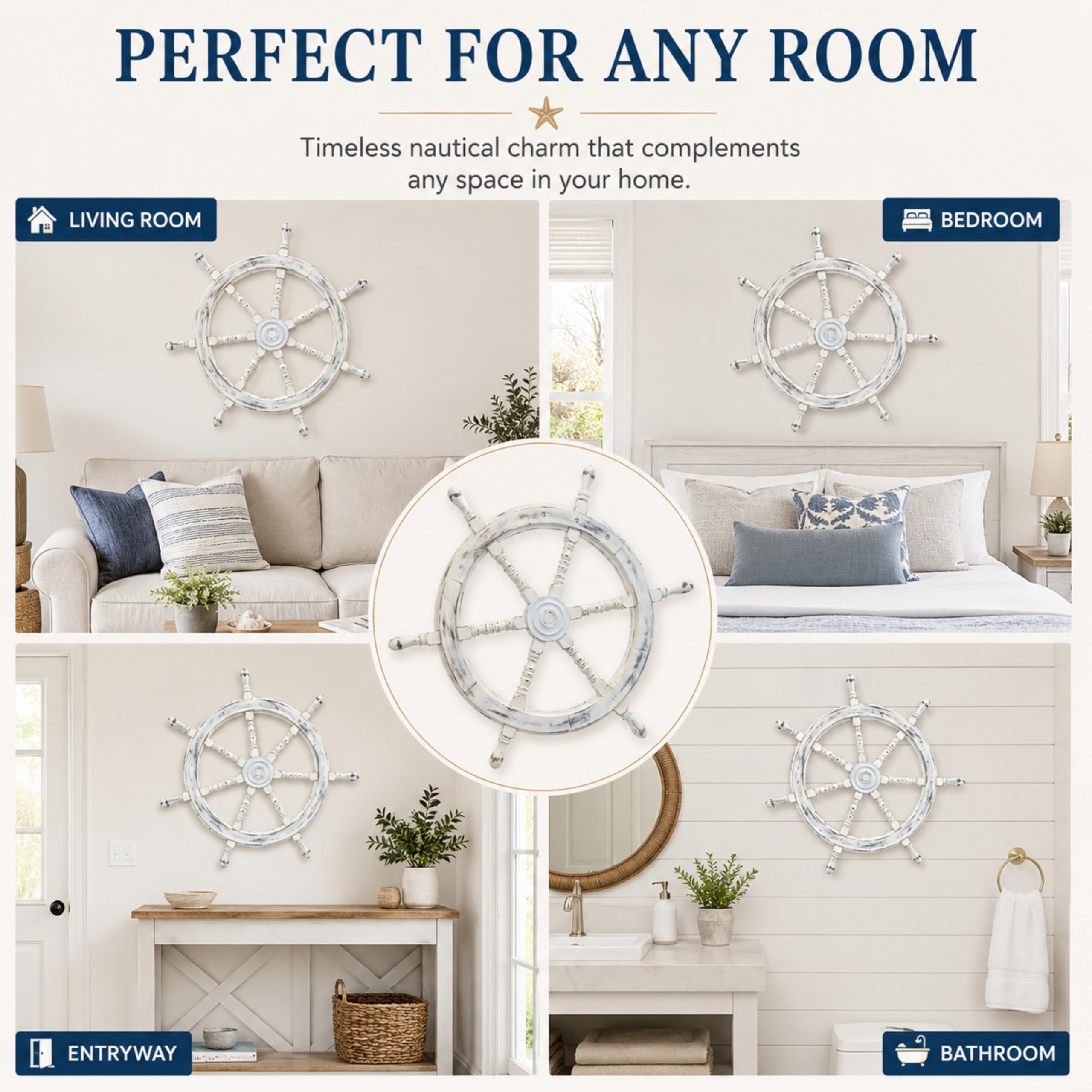 Nagina International Roue de bateau nautique en bois fabriqué à la main - Décoration murale pour la maison (24 pouces, blanc antique)