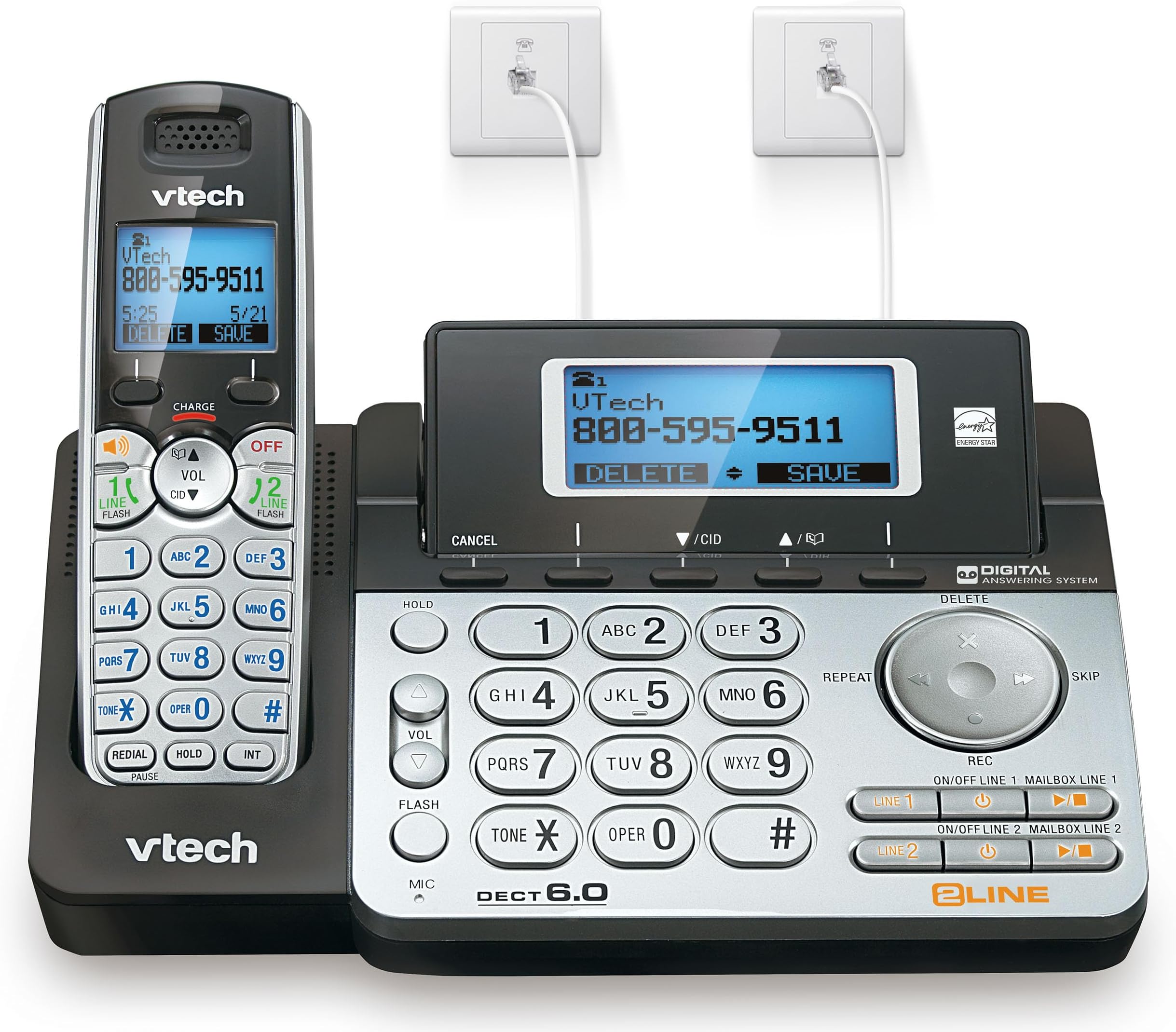 2-Line Cordless Phone for Small Business or Home with Answering System and Mailbox on Each Line, Caller ID/Call Waiting, Intercom, Hearing Aid Compatible | DS6151 (Black/Silver)