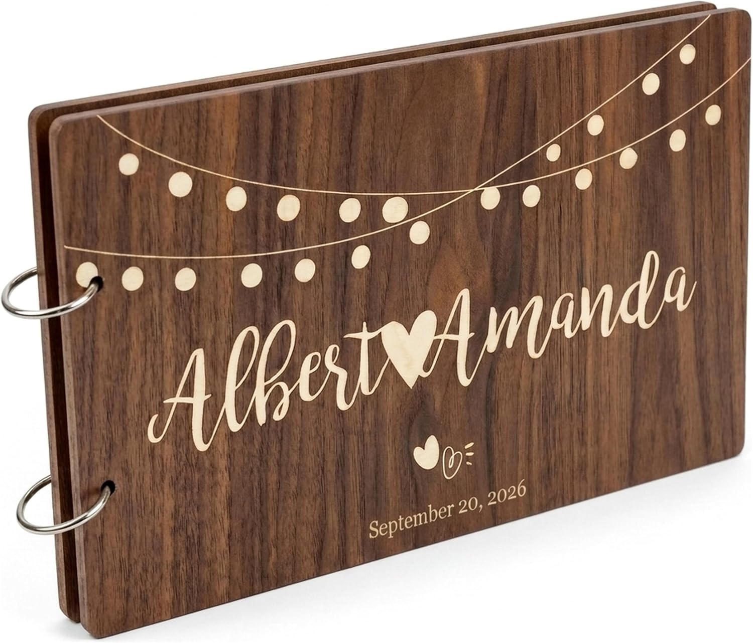 Wedding Guest Book Alternative - Rustic Wood Sign In Book & Album for Wedding Reception - Custom Personalized String Lights Engraved Keepsake for Bride & Groom - Bridal Shower Gift (Chocolate Walnut)