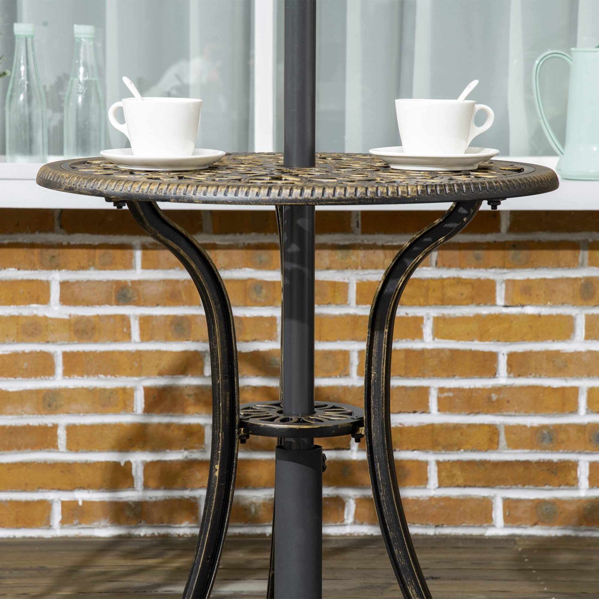 Outsunny Set Bistrò da Giardino 3 Pezzi con Foro per Ombrellone Bronzo | 2 Sedie da Giardino e Tavolino Rotondo, Set Tavolo e Sedie in Alluminio, per Patio Cortile Esterno