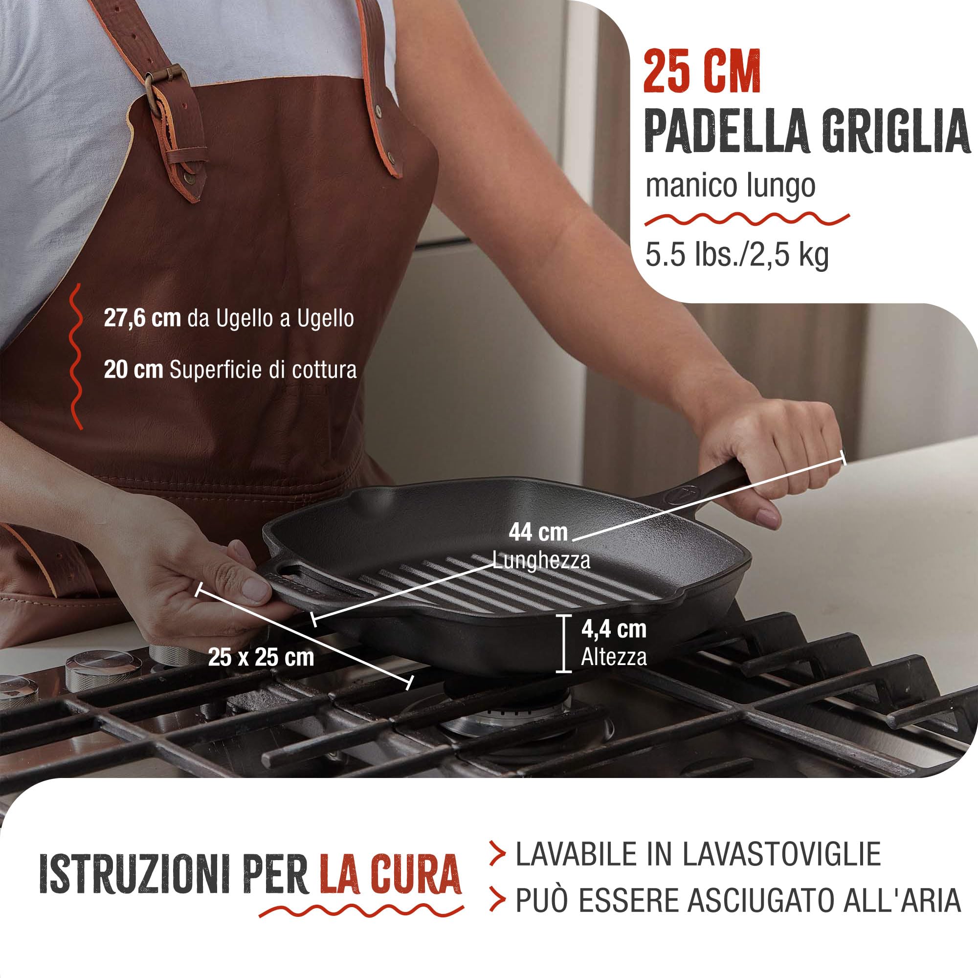 VICTORIA Padella Bistecchiera in Ghisa Smaltata Induzione da 25x25 cm, Adatta per, Fuoco, Barbecue, Forno, Vetroceramica e Gas, Cast Iron Skillet Senza Sostanze Tossiche, Senza PTFE e PFOA