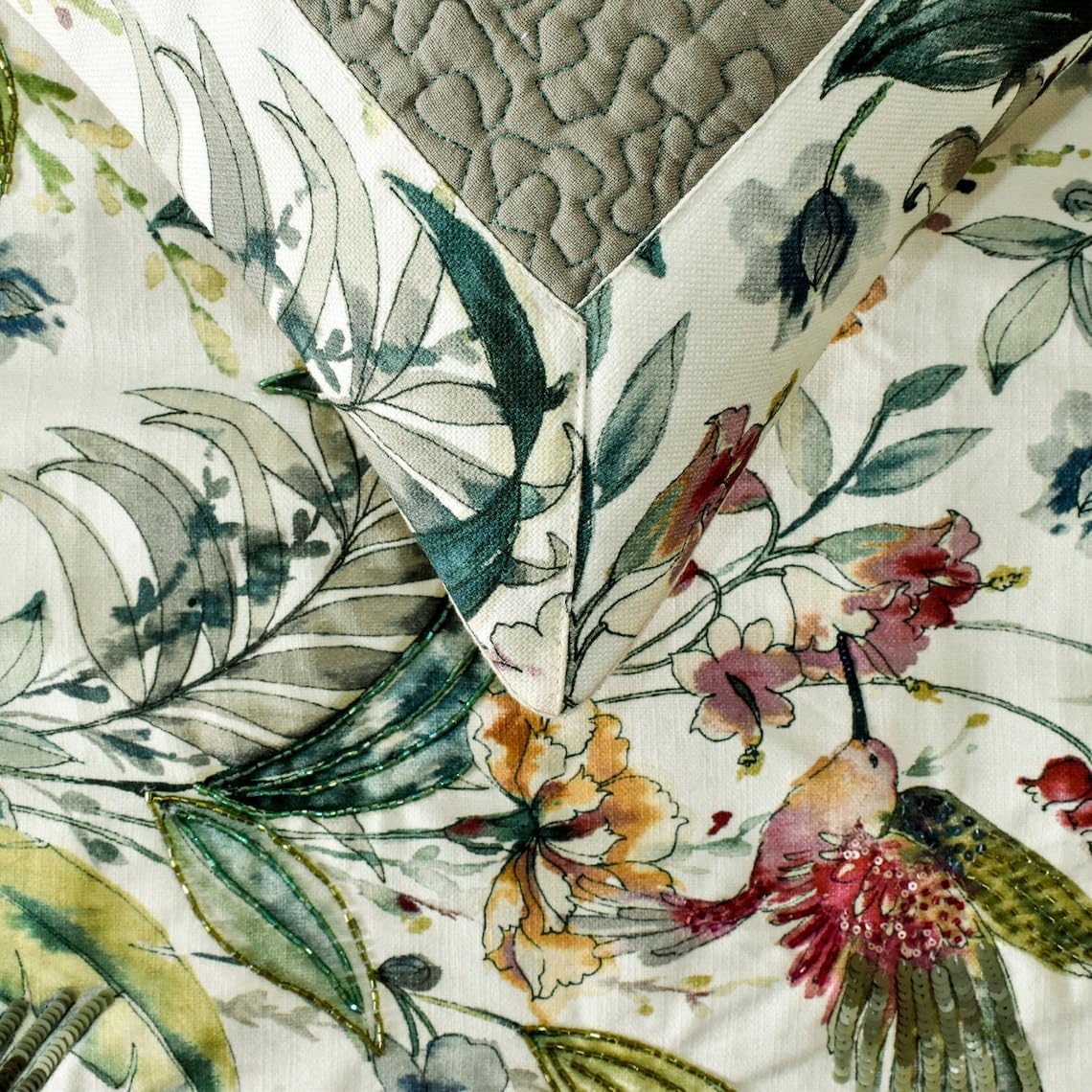 The HomeCentric King Queen Twin Ivory & Multi Designer Queen 74"x18" Bed Runner Without Pillow Cover, Bird, Sequins & Beaded Bed Scarf on Cotton Fabric - Exotic Birds