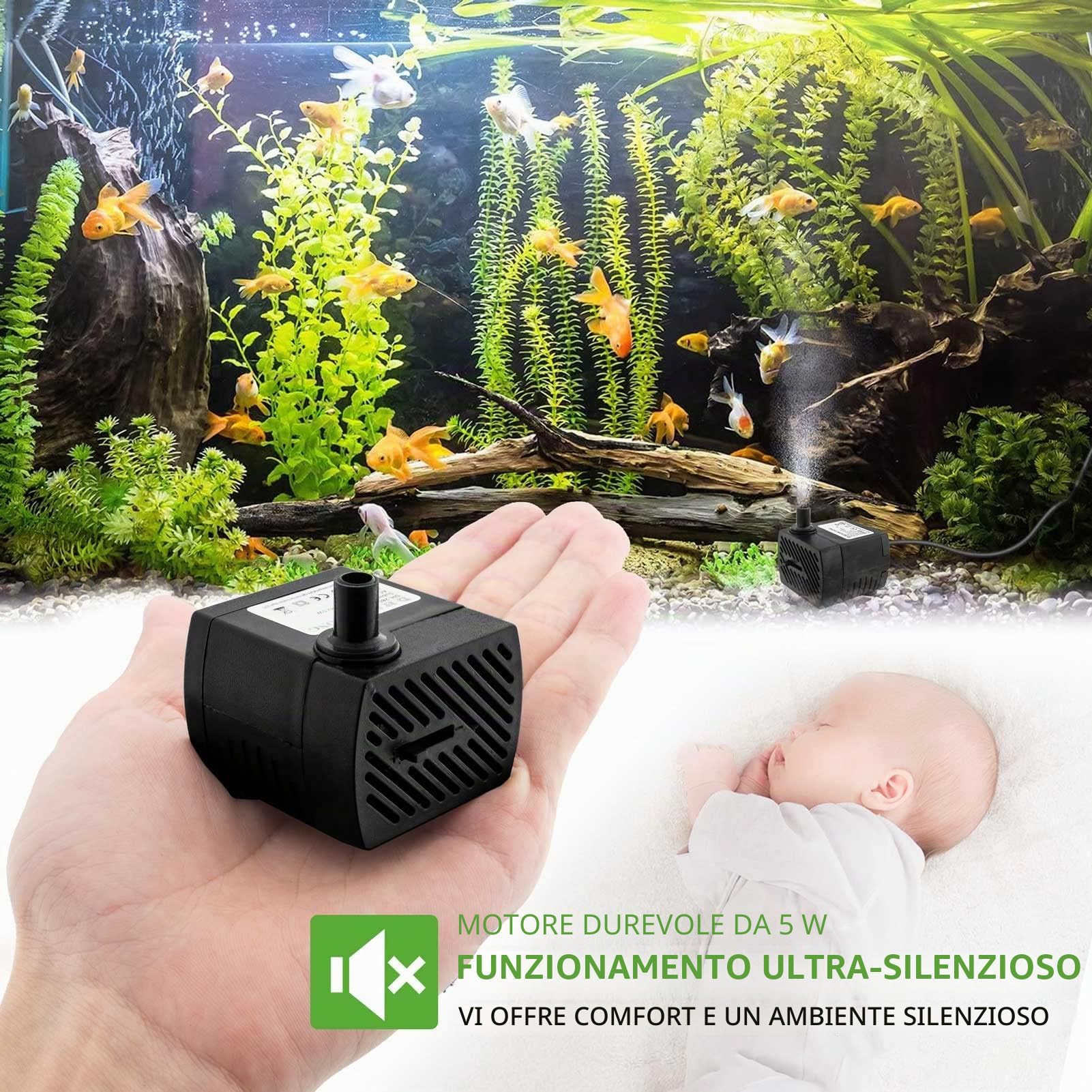 Mini pompa dell'acqua (350 l/h, 5 W), con sollevamento elevato, cavo di alimentazione da 1,5 m, 2 ugelli per acquari, laghetti, fontane, statue