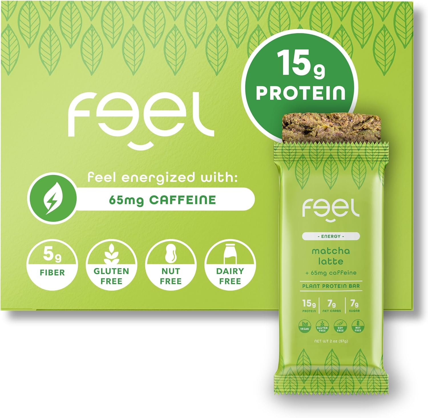Feel Vegan Protein Bars | Matcha Latte | Keto | Gluten Free | Organic | 15g Plant Protein | Low Carb | High Protein | Dairy Free | Low Sugar | Nut, Grain, Soy Free | Non GMO | 10 Pack