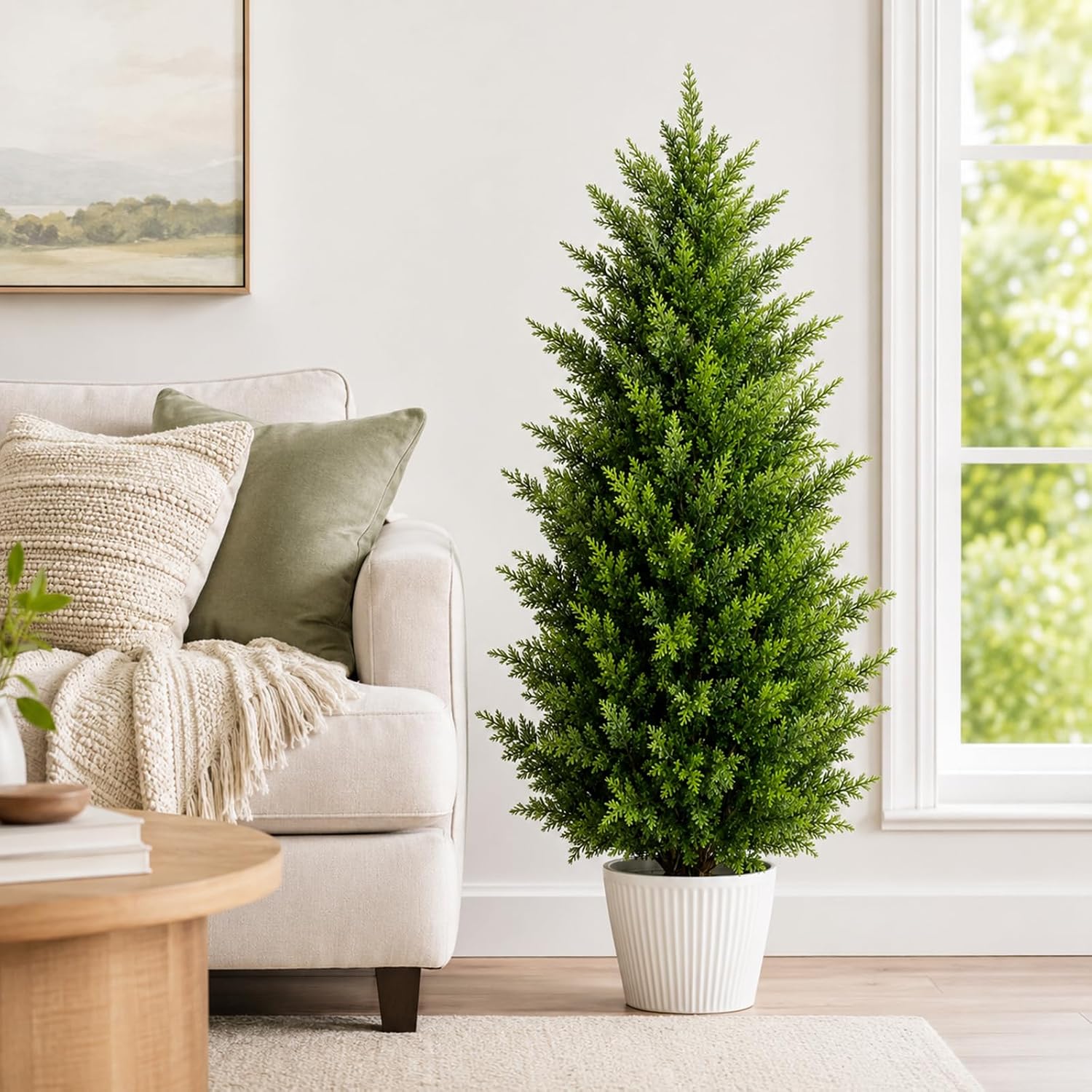 3FT Artificial Topiary Cedar Trees, UV-Resistant Faux Evergreen Outdoor Shrubs in Planter, Artificial Pine Tree for Outdoor Front Porch, Office & Home Decor