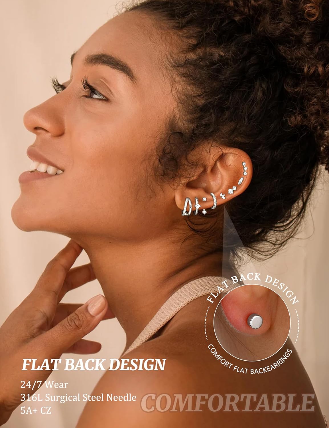 Dochais Hypoallergenic Flatback Stud Hoop 14K Gold Plated Earrings Stacks - Surgical Stainless Steel Earring Set Chain Cartilage Earrings - Small Ear Piercing Flat Back Earring for Women Trendy - Image 4