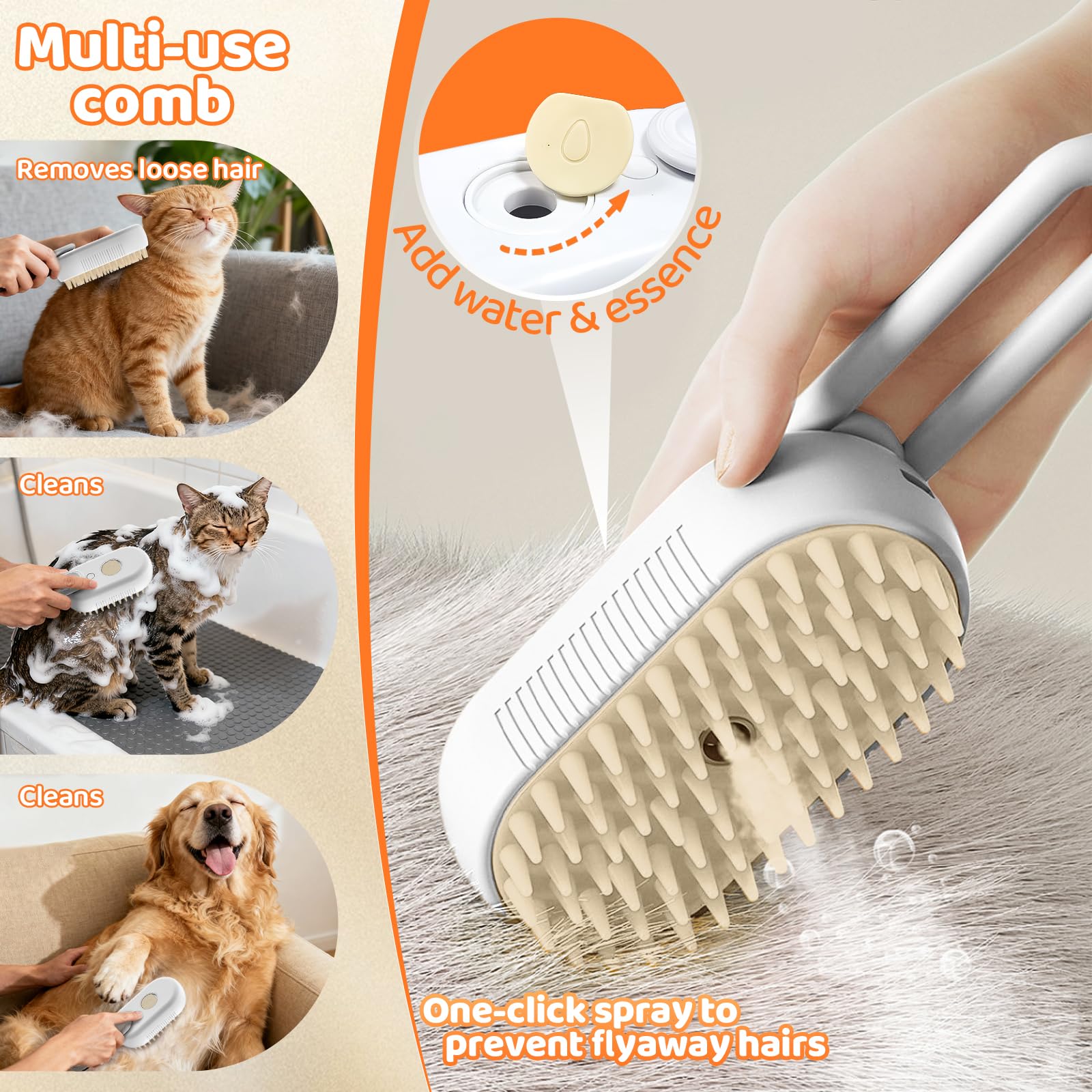 Dampfbürste für Hunde, Katzenbürste mit Dampf Silikon, Katzenbürste Kurzhaar mit Klappbarer Griff mit Wassertank, Massage, Pflege Und Haarentfernung, für Katzen und Hunde (Weißer)