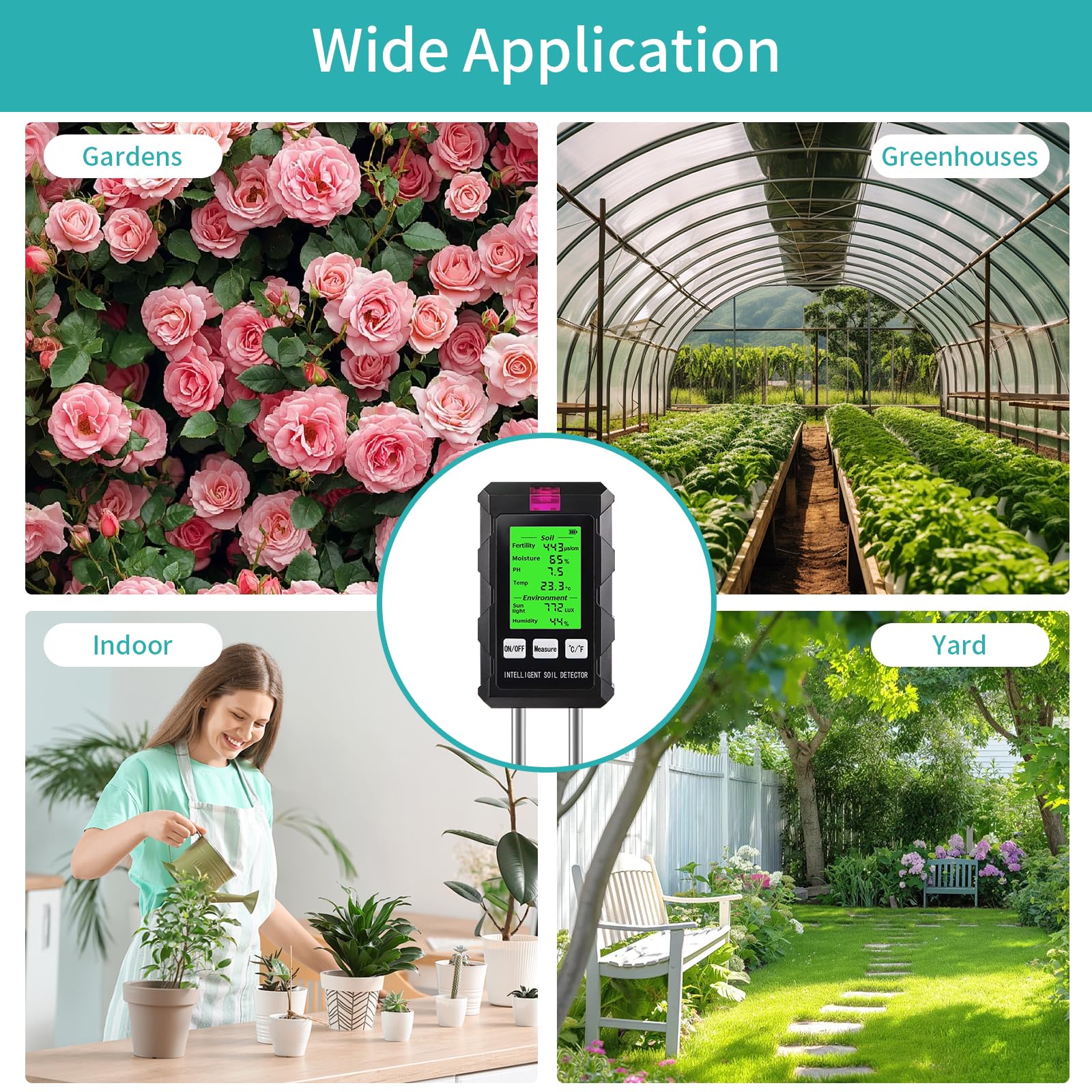 Medidor de Suelo 6 en 1, Medidor de Fertilidad del Suelo, Humedad, PH, Temperatura, Luz Solar y Humedad Ambiental, para Jardinería, Granja, Césped y Plantas en Macetas