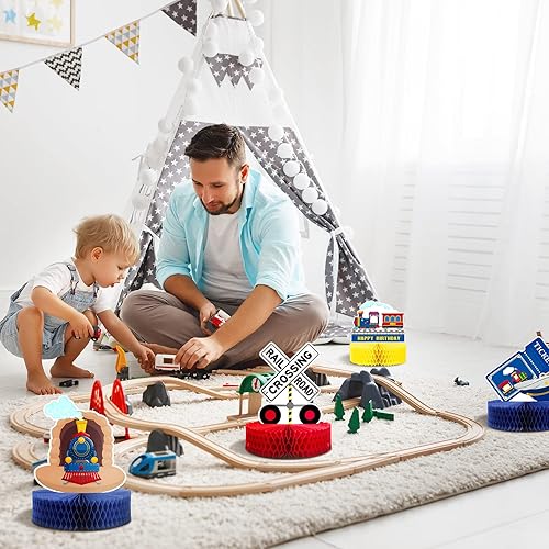 Miniatura 6 de Spakon 9 piezas de decoración de fiesta de cumpleaños de tren ferrocarril, centro de mesa, decoración de mesa de ferrocarril, panal de abeja para