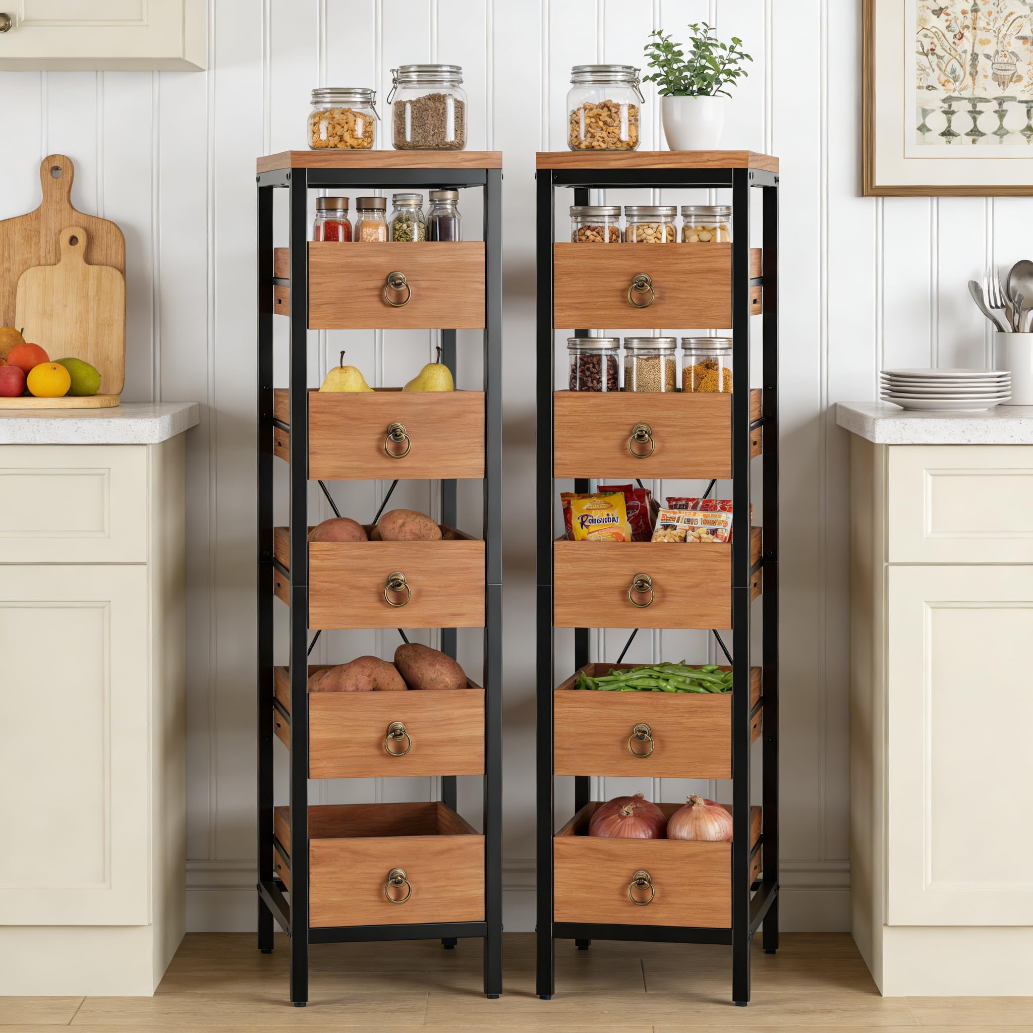 Scaffale da cucina stretto a 5 livelli con cassetti rimovibili, organizer metallico multiuso, salvaspazio per frutta, verdura e aperitivi, ideale per cucina, soggiorno, bagno e supermercato.