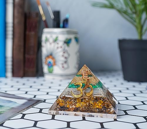 Miniatura 6 de Pirámide de orgón de 2.165 in, ojo de tigre, selenita y malaquita verde, cristales de protección de reiki, pirámide de organito para regalo de buena