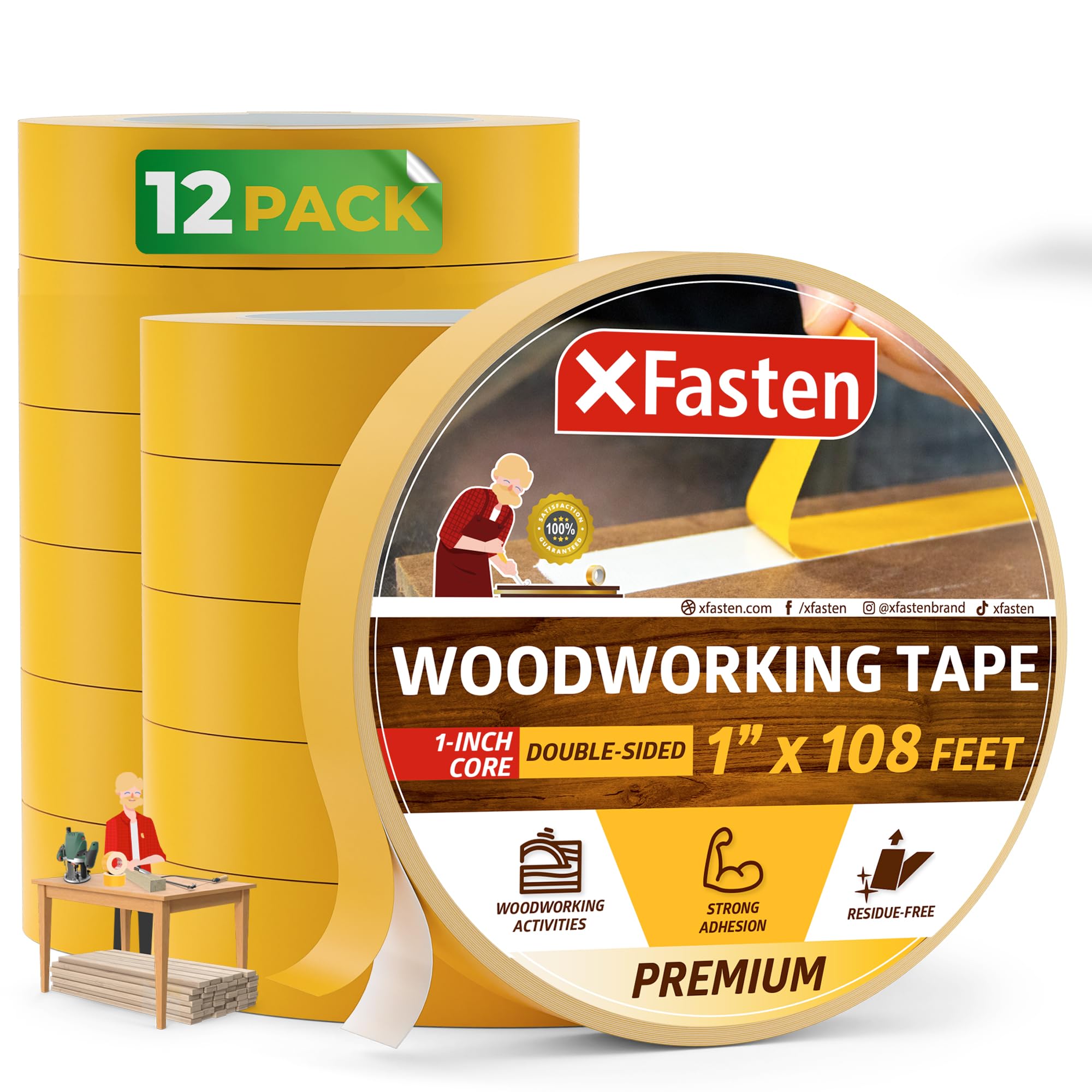 XFasten Double Sided Woodworking Tape 1 inch x 36 Yards 12-Pack 1296ft 1-inch Core Residue-Free Woodworking Double Sided Tape Heavy Duty Wood Glue