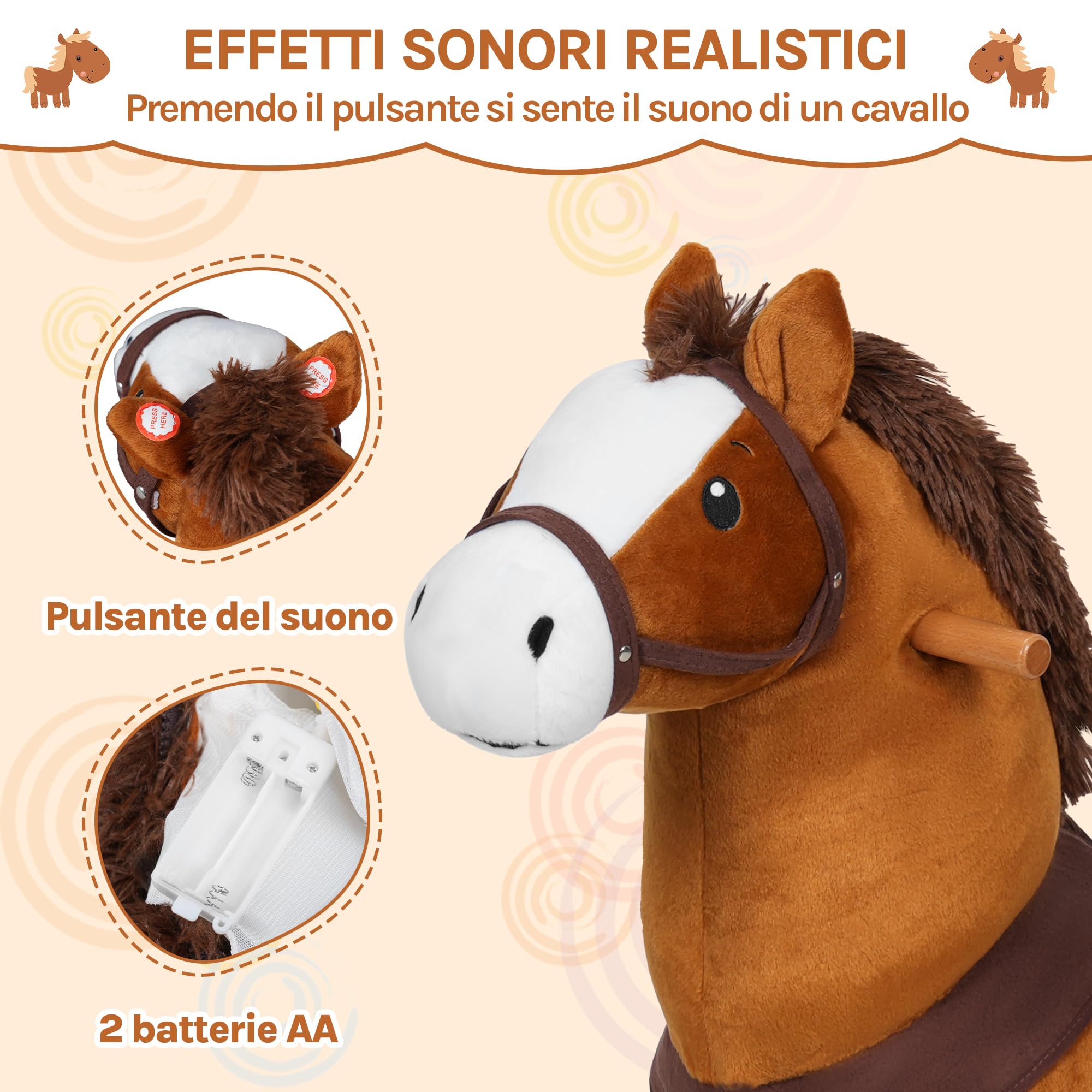 WOLTU Cavallo a Dondolo su Ruote per Bambini, Cavalluccio Cavalcabile in Peluche con Suoni, per Interni ed Esterni, Giocattolo da 4 Anni, Struttura in Legno e Metallo, Marrone
