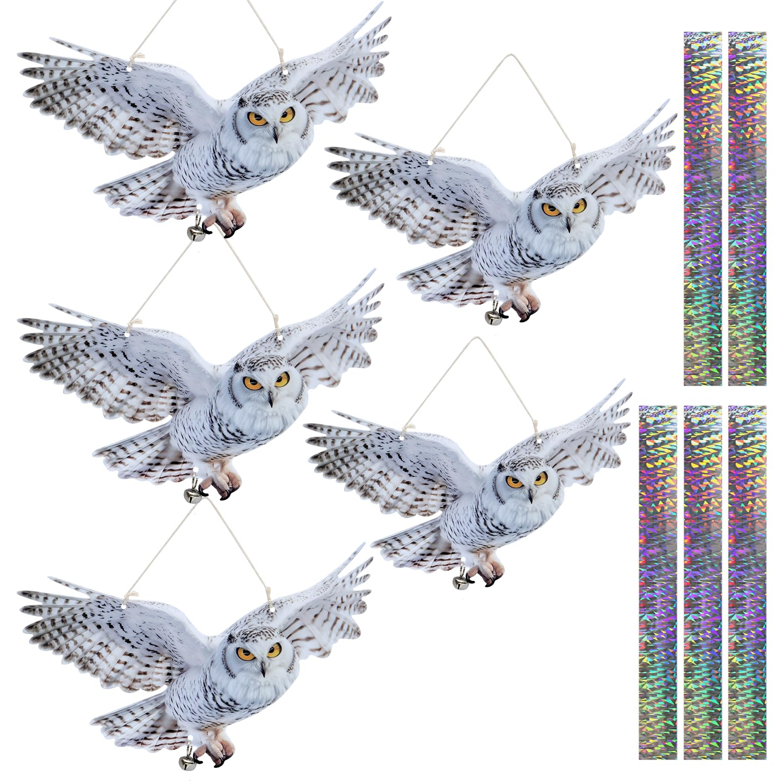 5 Pcs Bird Scarers for Gardens Pigeon Deterrent, Flat Fake Owl Decoy to Scare Birds Away, Pigeon Scarer Seagull Deterrent Reflective Repellent Devices Paper Hanging Bird Deterrents for Crow Magpie