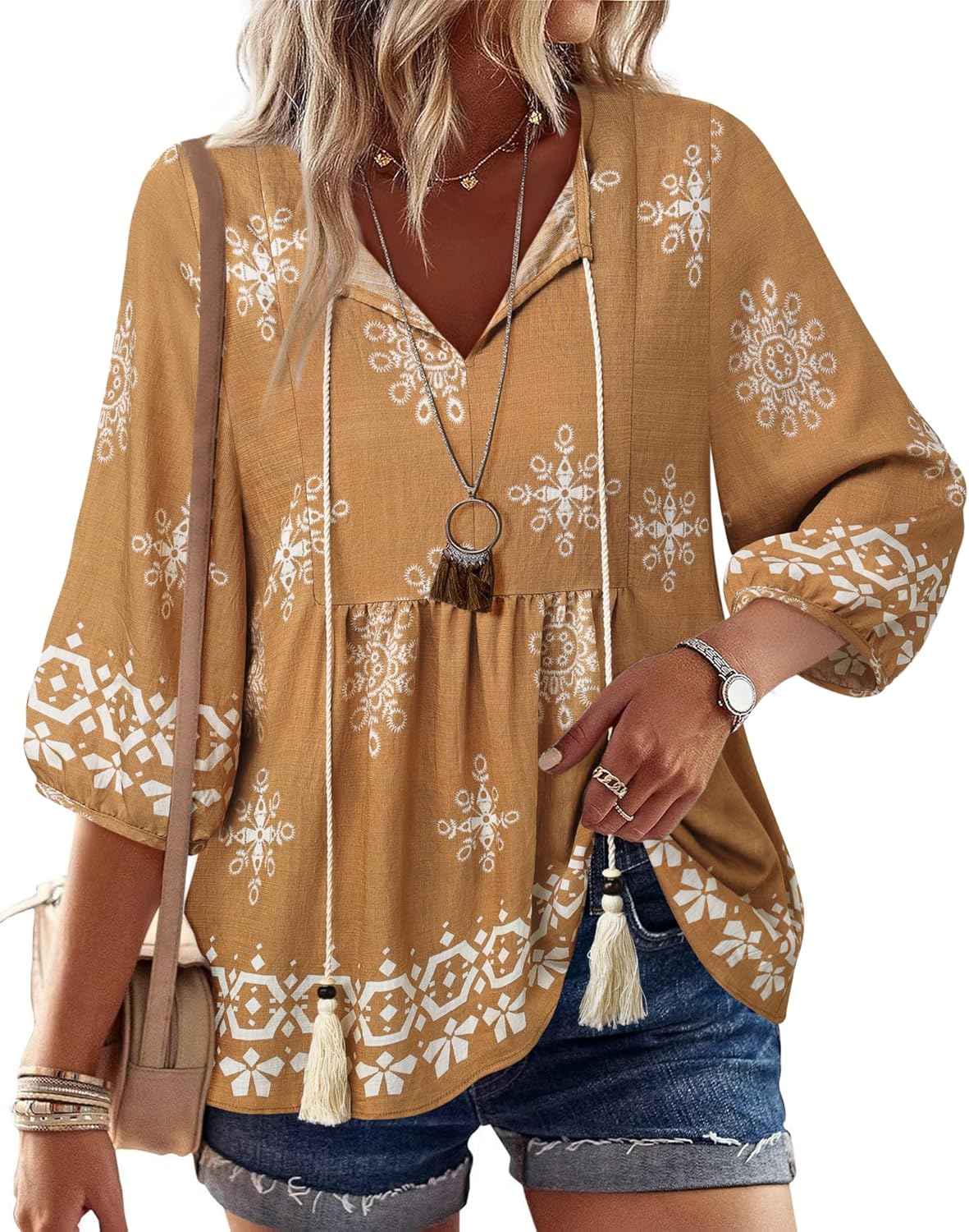 Vivilli Womens Summer Boho Babydoll Tops 3/4 Sleeve Pleated Peplum Blouses Casual V Neck Tie Front 2026 Tunic Tops