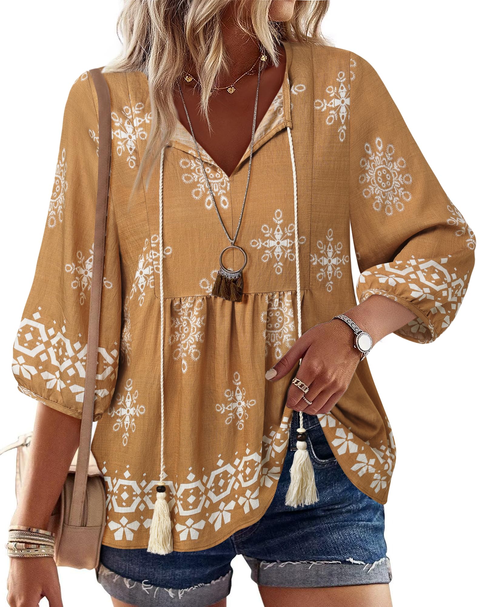Vivilli Womens Summer Boho Babydoll Tops 3/4 Sleeve Pleated Peplum Blouses Casual V Neck Tie Front 2026 Tunic Tops