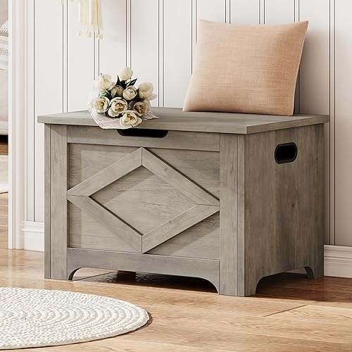 Miniatura 33 de GAOMON Baúl de almacenamiento, baúl de almacenamiento de madera con marco de metal, banco de zapatos de entrada con cojín, organizador de Marrón