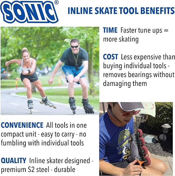 SONIC Gripz Inline Skate Tool, 6 Tools, 4 mm Hex, Rotate Wheels, Remove Bearings, 2 Screwdrivers to Adjust Hockey Helmets, Designed in USA