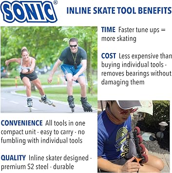 SONIC Gripz Inline Skate Tool, 6 Tools, 4 mm Hex, Rotate Wheels, Remove Bearings, 2 Screwdrivers to Adjust Hockey Helmets, Designed in USA