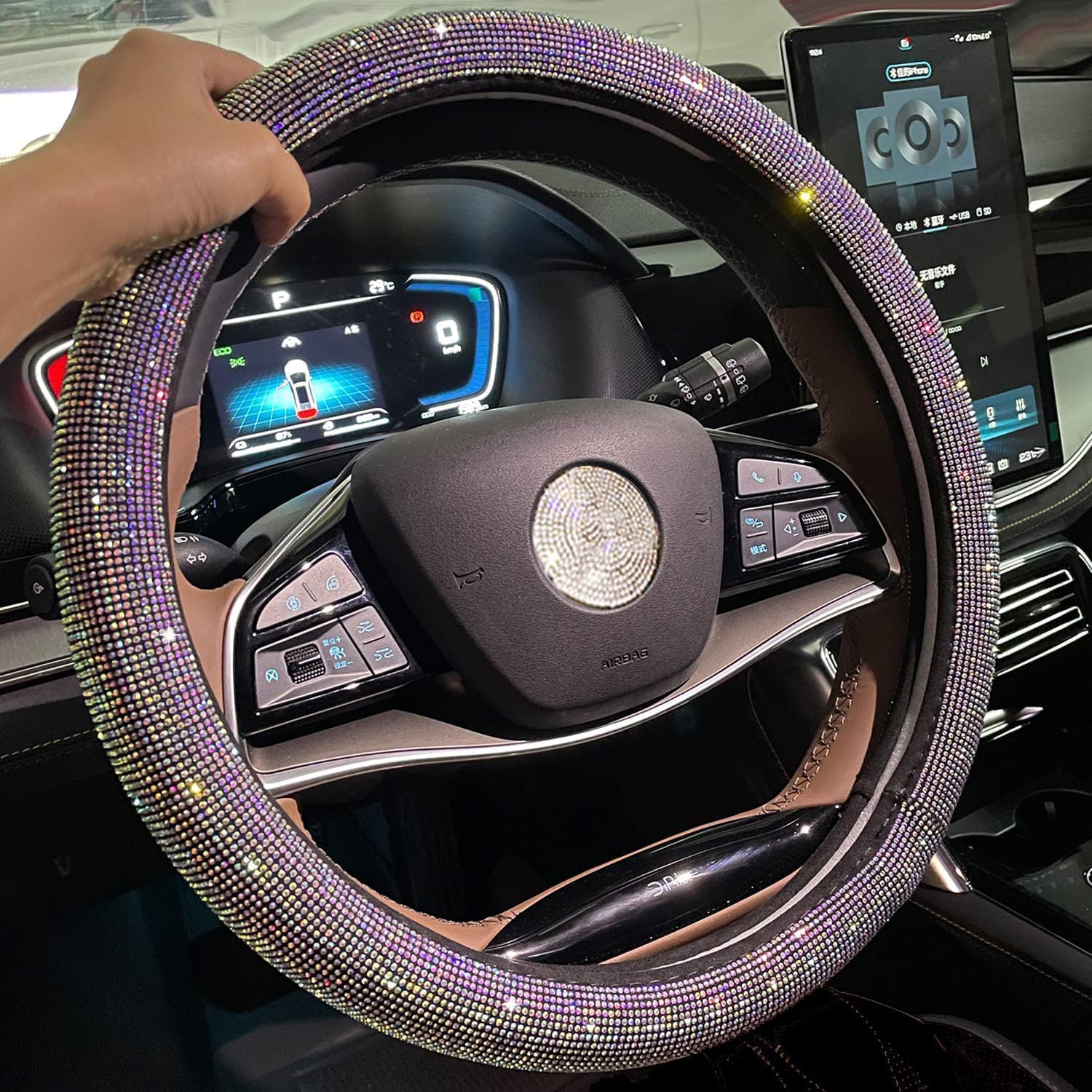 Funda para volante de coche para mujeres y niñas, 15 pulgadas, universal, colorido, con diamantes de imitación de diamante, color negro