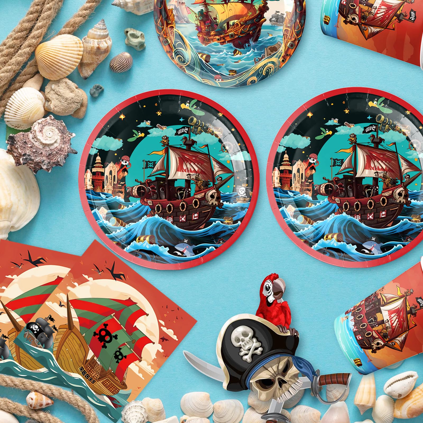 Set Stoviglie Pirata Per 10 Persone | 50 Pezzi | Piatti, Bicchieri, Tovaglioli | Tema Nautico - Foto 3