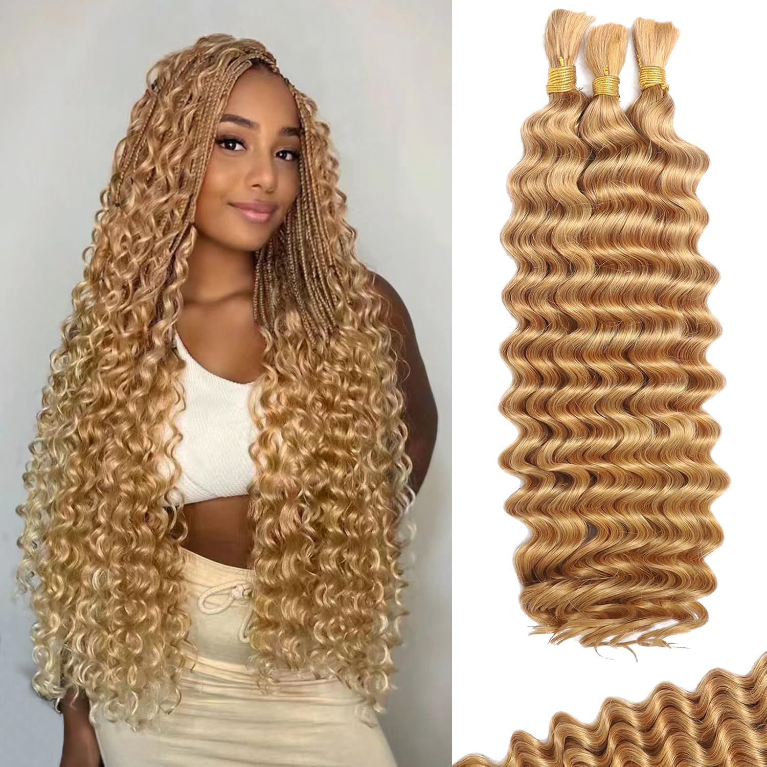 Human Braiding Hair for Boho Braids Human 110g 18 Inch Curly Boho Hair for Braiding Knotless 12A Deep Wave Bulk Bohemian 3 Bundles/Pack (27#)