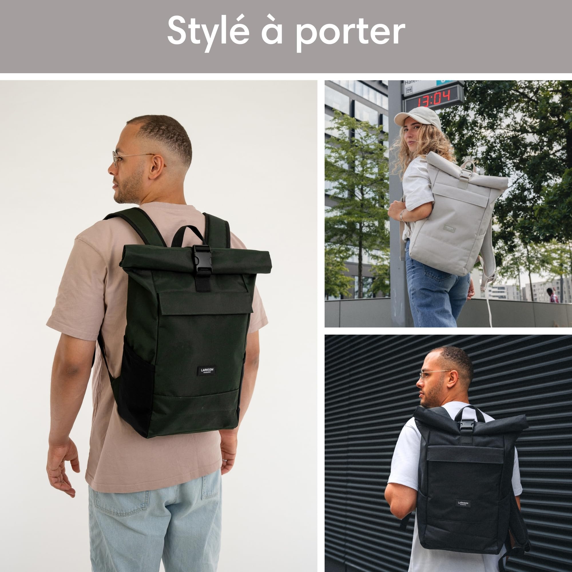 Larkson Sac à Dos Roll Top Femmes & Hommes - No 4 - Backpack pour l'École, l'Université - Compartiment Ordinateur Portable 16 Pouces - Hydrofuge