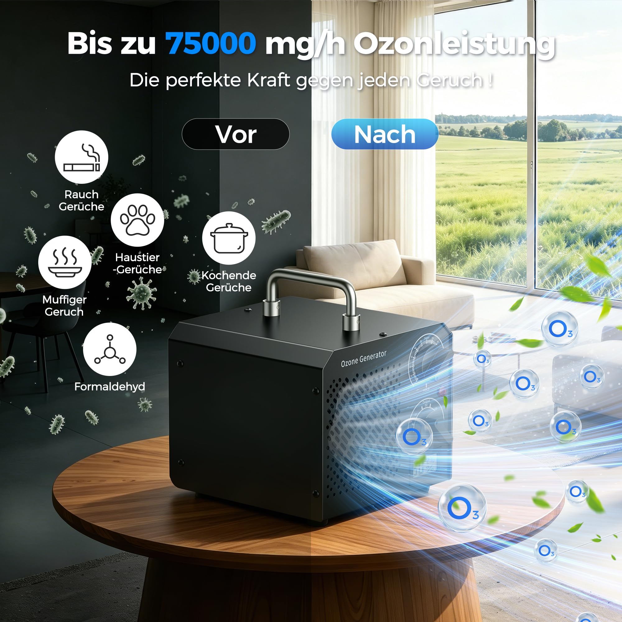 Ozongenerator 75000mg/H Ozongerät, O3 Ozon Luftreiniger, Ozonausstoß – 3 Stufen einstellbar Optional, mit 120 Min Timer für 300㎡, für Wohnung Garagen Raum Hotels Haustiere, Reinigen Gerüche