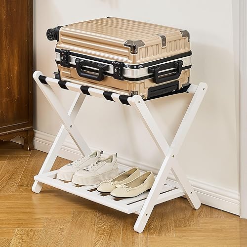 Miniatura 6 de Bastidores de equipaje totalmente montados, paquete de 2, soporte plegable de bambú mejorado para maleta con 5 correas de nailon, soporte de