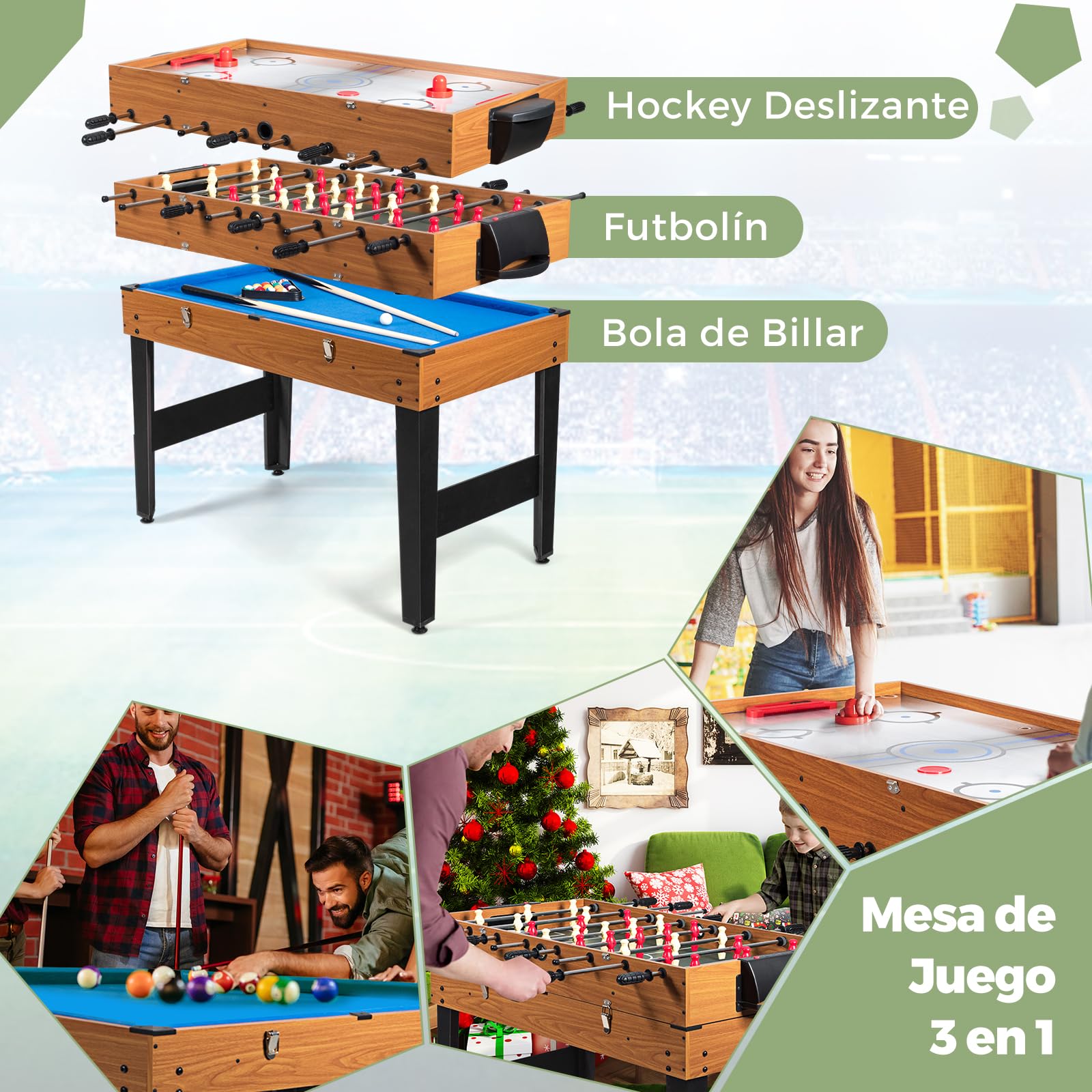 COSTWAY Mesa de Multijuegos 3 en 1 con Patas, Futbolín Billar Air Hockey, 123 x 58 x 83 cm