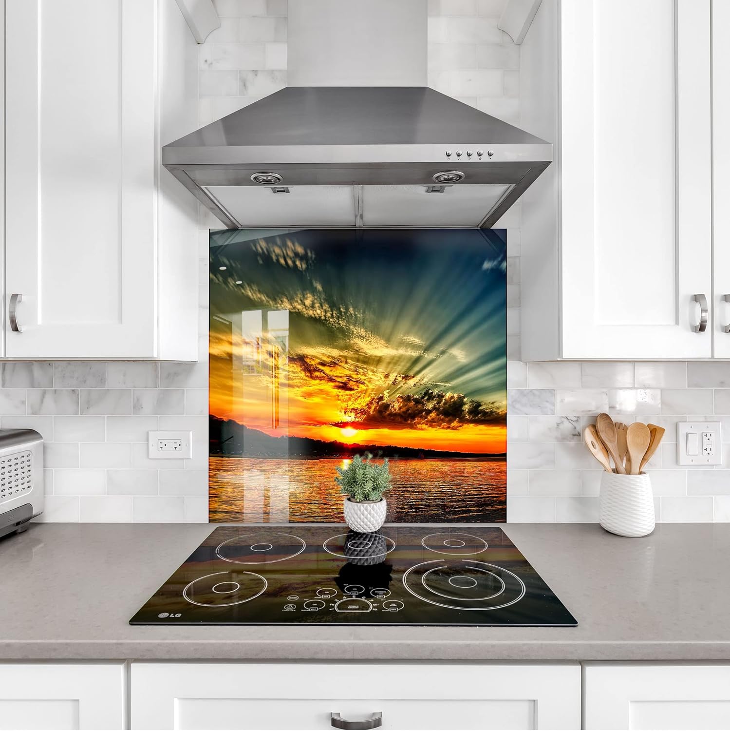 Myphotostation Tempered Glass Splashback 47Wx19H'-Sunset Backsplash Tile Design Cooker Ocean Waves Backsplash Panel Glass Splashback for Bathroom Panel Design Dolphin Splashback for Stove Kitchen