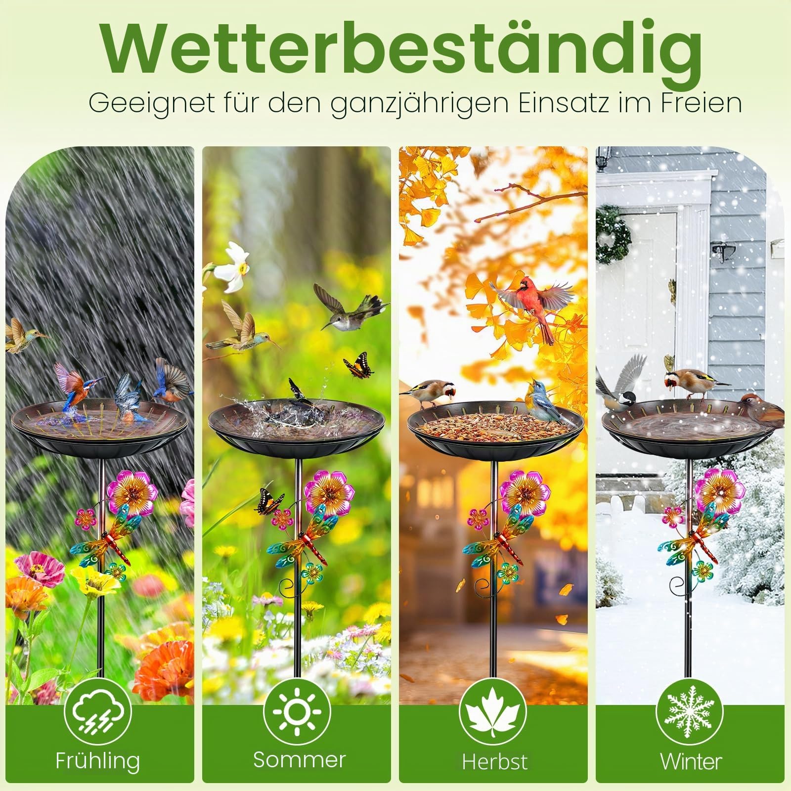 Vogeltränke Stehend 96cm, Vogelbad für Draußen Garten, Metall Futter Schale mit Stabiler 5-Zinken-Basis, Wassertränke für Vögel Vogeltränke Groß Winterfest Frostsicher (Antike Rot-Gelb)