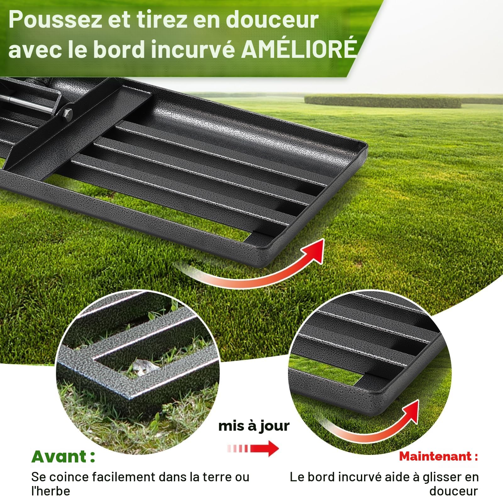 Râteau de nivellement de pelouse en métal - 157 cm - pour Le Golf, Le Jardin, la Surface - en Acier Inoxydable - 76 x 25 cm (182cm)