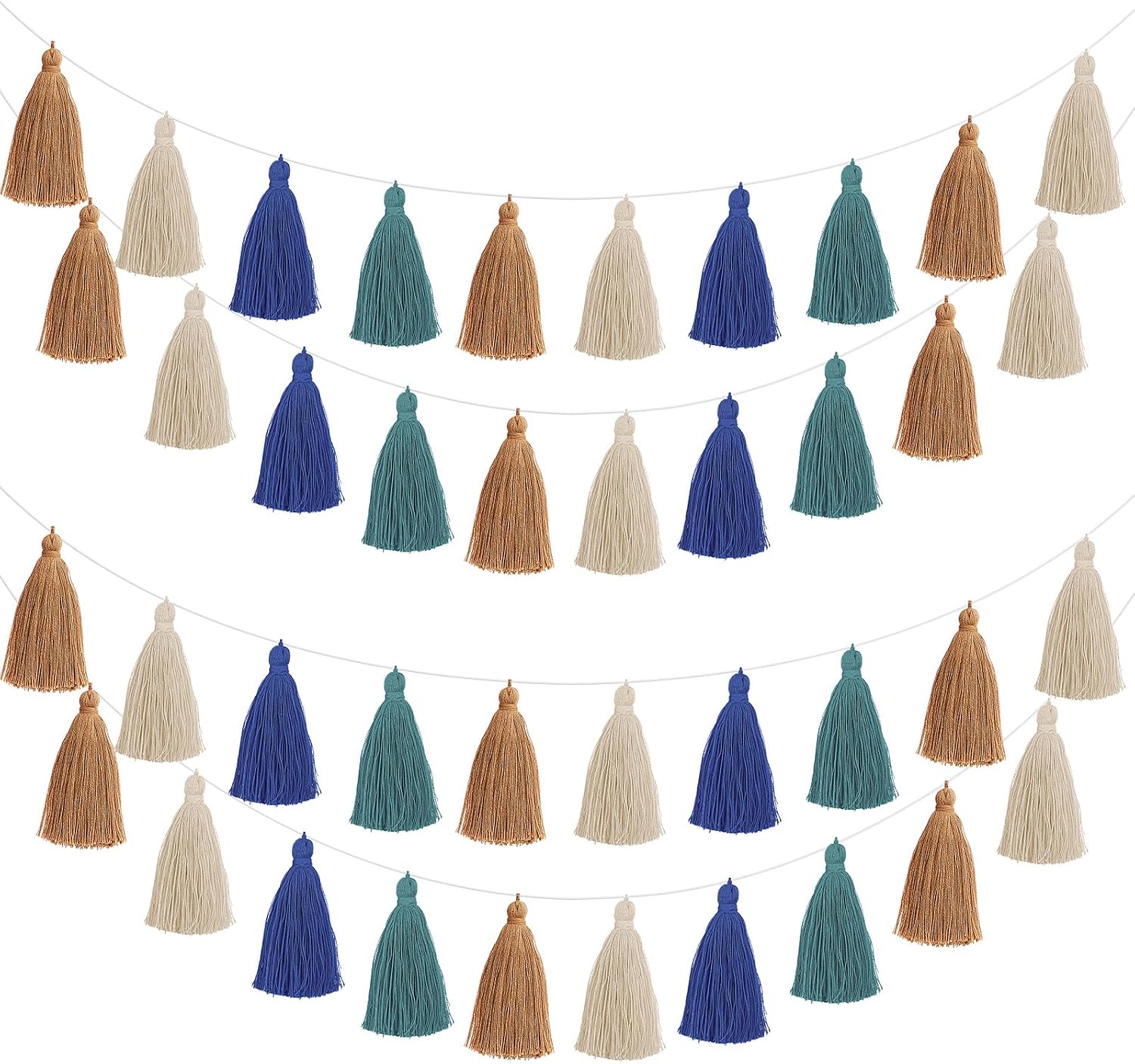 WILLBOND 4 Pieces Tassel Garland for Classroom Wall Decor Boho Blue Green Brown Pastel Garland Cotton Tassel Banners for Party School Reading Book Calm Down Corner Cozy (3.1 Inch)