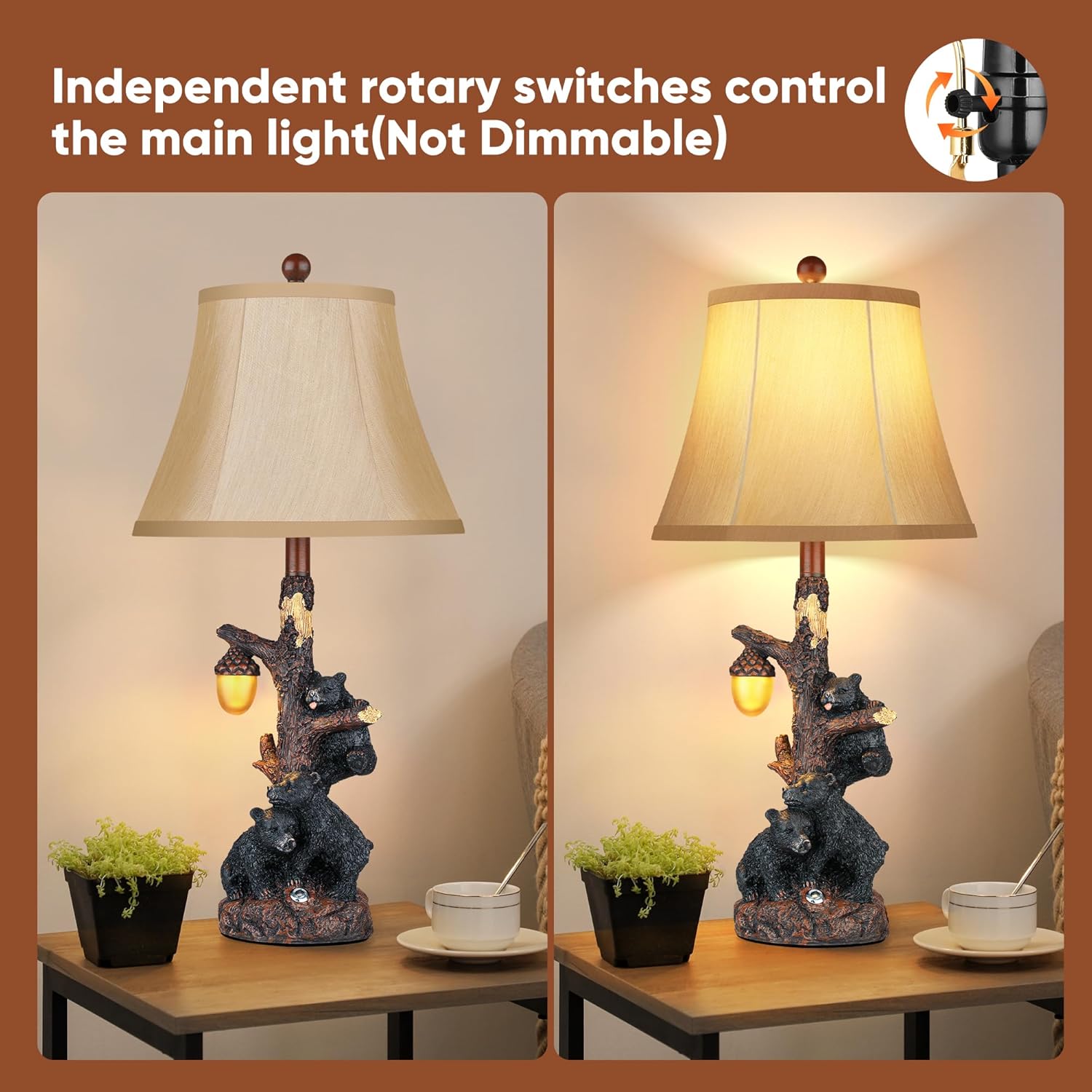 Set of 2 Bear Bedside Table Lamps for Bedroom with Nightlight & USB A+C,Touch Accent Cottage Table Lamps for Living Room,Farmhouse Rustic Animal Nightstand Lamps for Western Cabin Christmas Decor