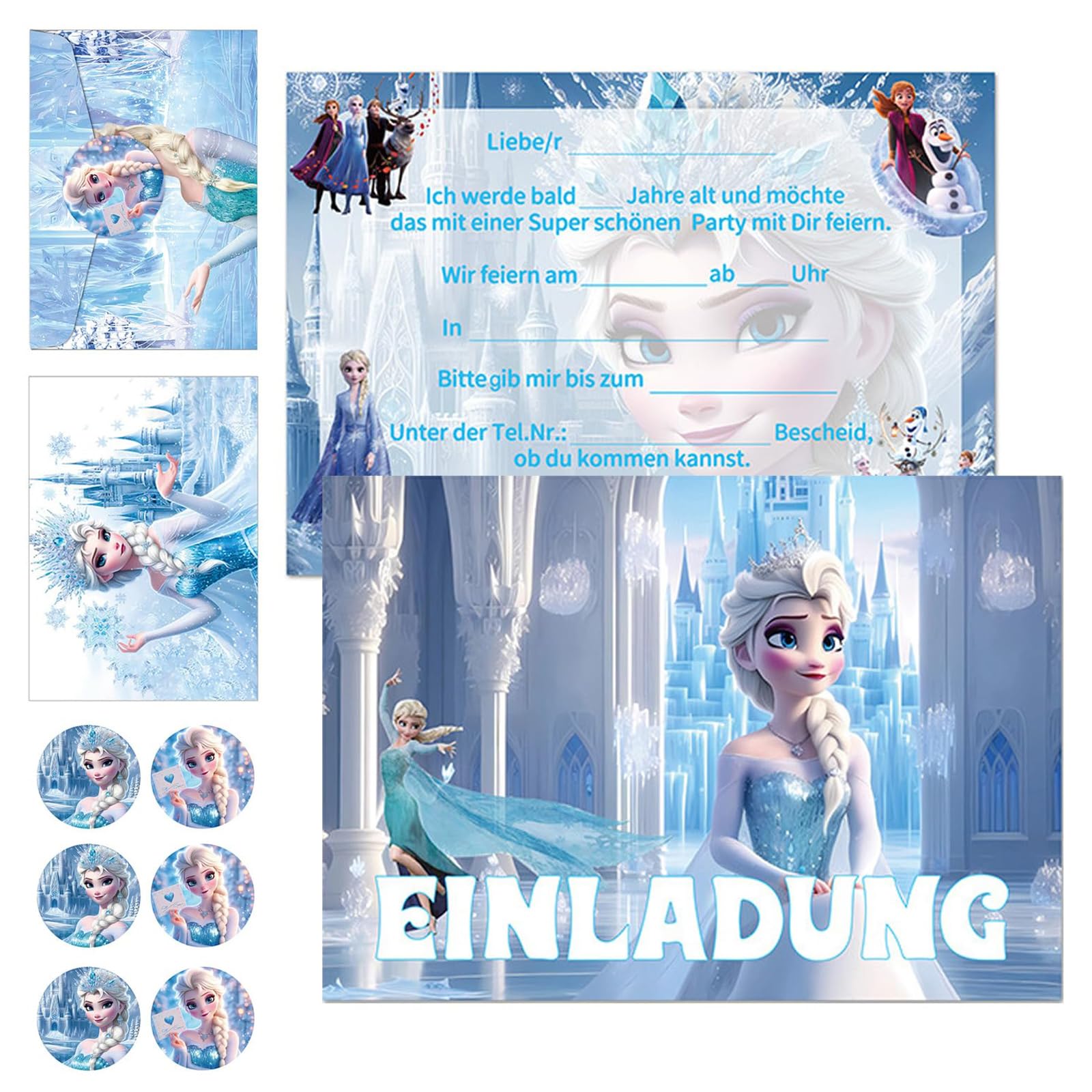 COQOYO Einladungskarten Kindergeburtstag, 12 Stück Geburtstag Party Einladungen auf Deutsch, Eiskönigin Eisa Prinzessin Einladung Set mit Bunten Umschlägen und Runden Aufklebern für Mädchen