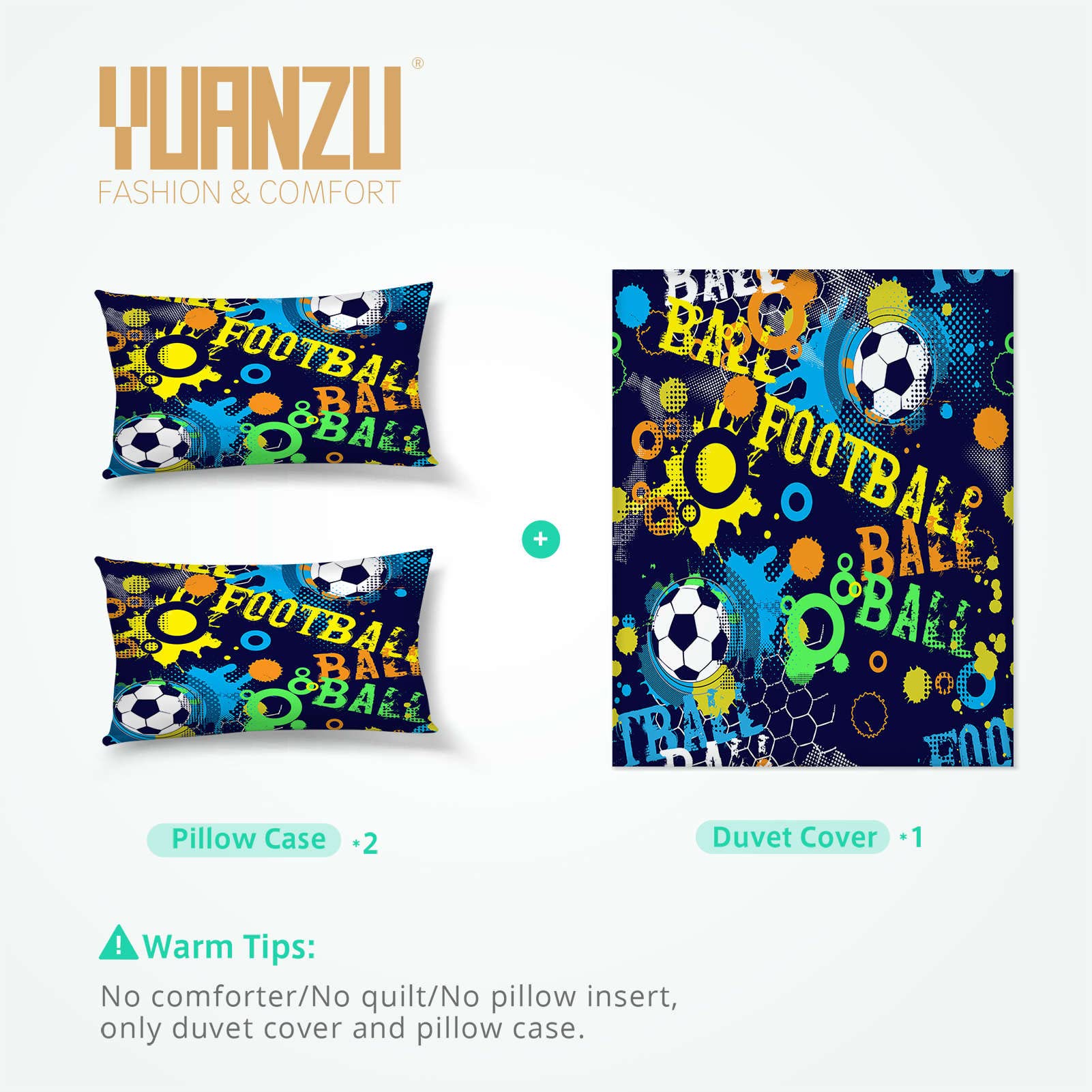 YUANZU Sport Bedding Set Double for Kids Boys Teens Duvet Cover Set 3 Pieces Football Abstract Colorful Printed Soft Microfiber Quilt Cover with Zipper Closure (200 x 200 cm & 2Pillowcase) - Image 4