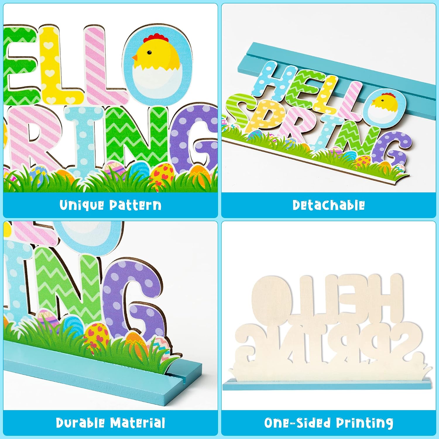 WATINC 4pcs Easter Table Decorations Wooden Centerpiece Signs, Easter's Bunny Tabletop Decor, Detachable Hello Spring Hop Tiered Tray Sign Desk Topper for Holiday Home Office Party Gift Supplies image 3