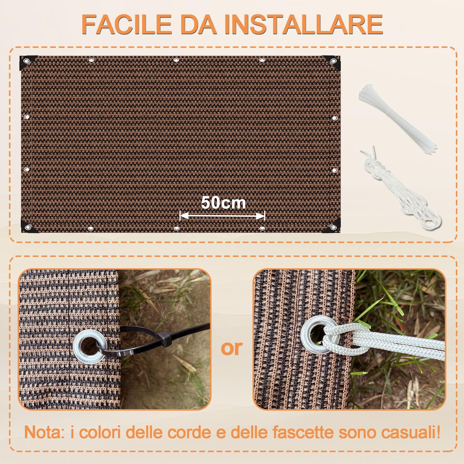 Telo Ringhiera Balcone Esterno 90x350cm, Rete Balcone Antistrappo e Protezione Solare Copertura Cancello Esterno Facile da Installare per Recinzione Giardino - Bianco Sporco