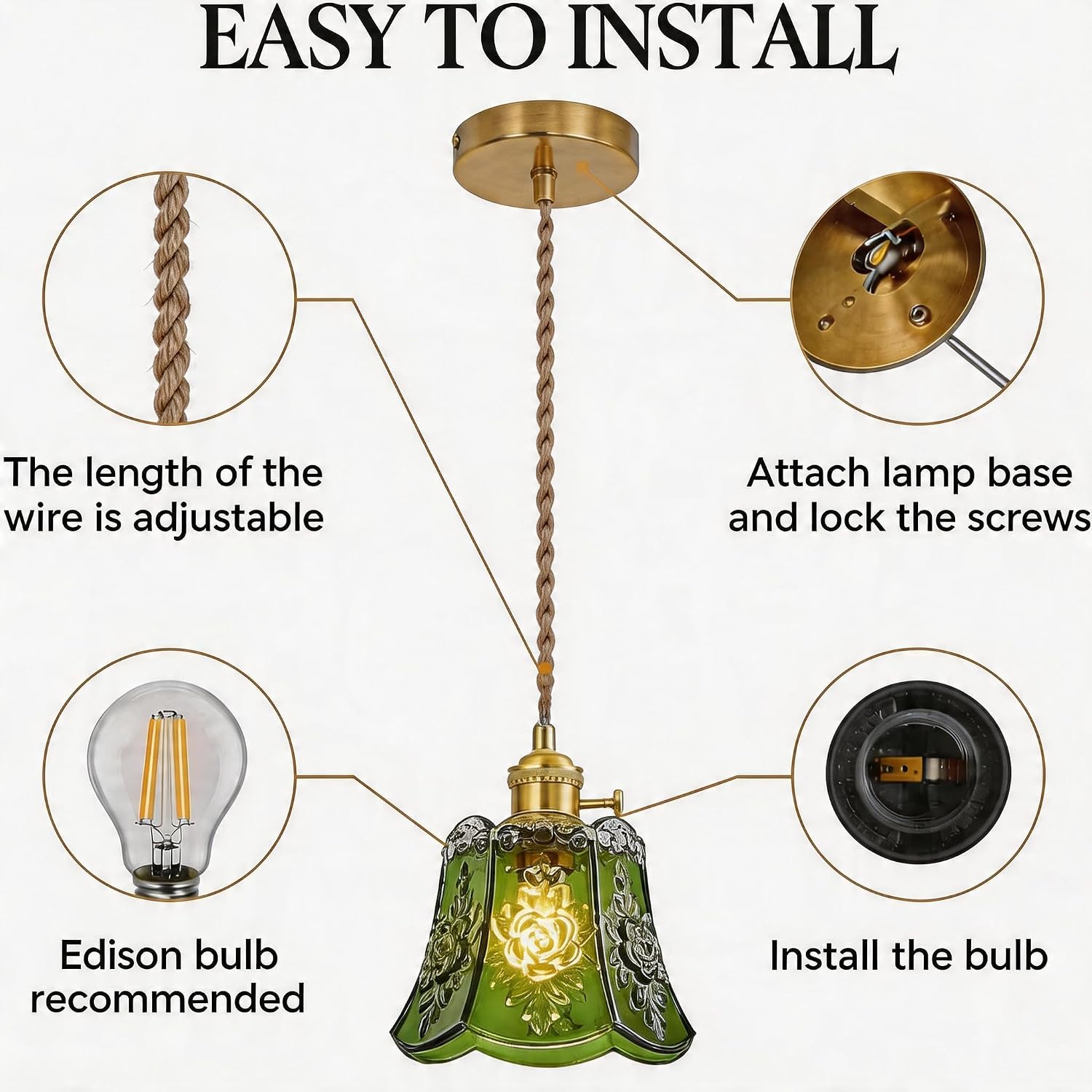 Green Embossed Floral Glass Pendant Light, Vintage Hanging Lamp with Adjustable Cord, E26 Base, A60 6W 4000K Bulb Included for Kitchen Island Dining Room Bedroom