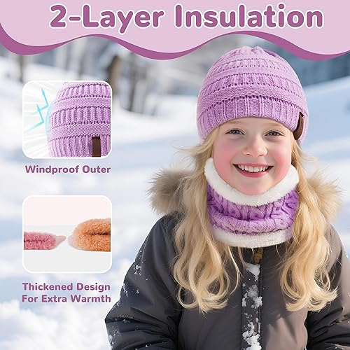 Miniatura 3 de Juego de 3 piezas de gorro de invierno para niños, bufanda y guantes para niños de 2-6-10-14 años, conjuntos de punto grueso y cálido con forro
