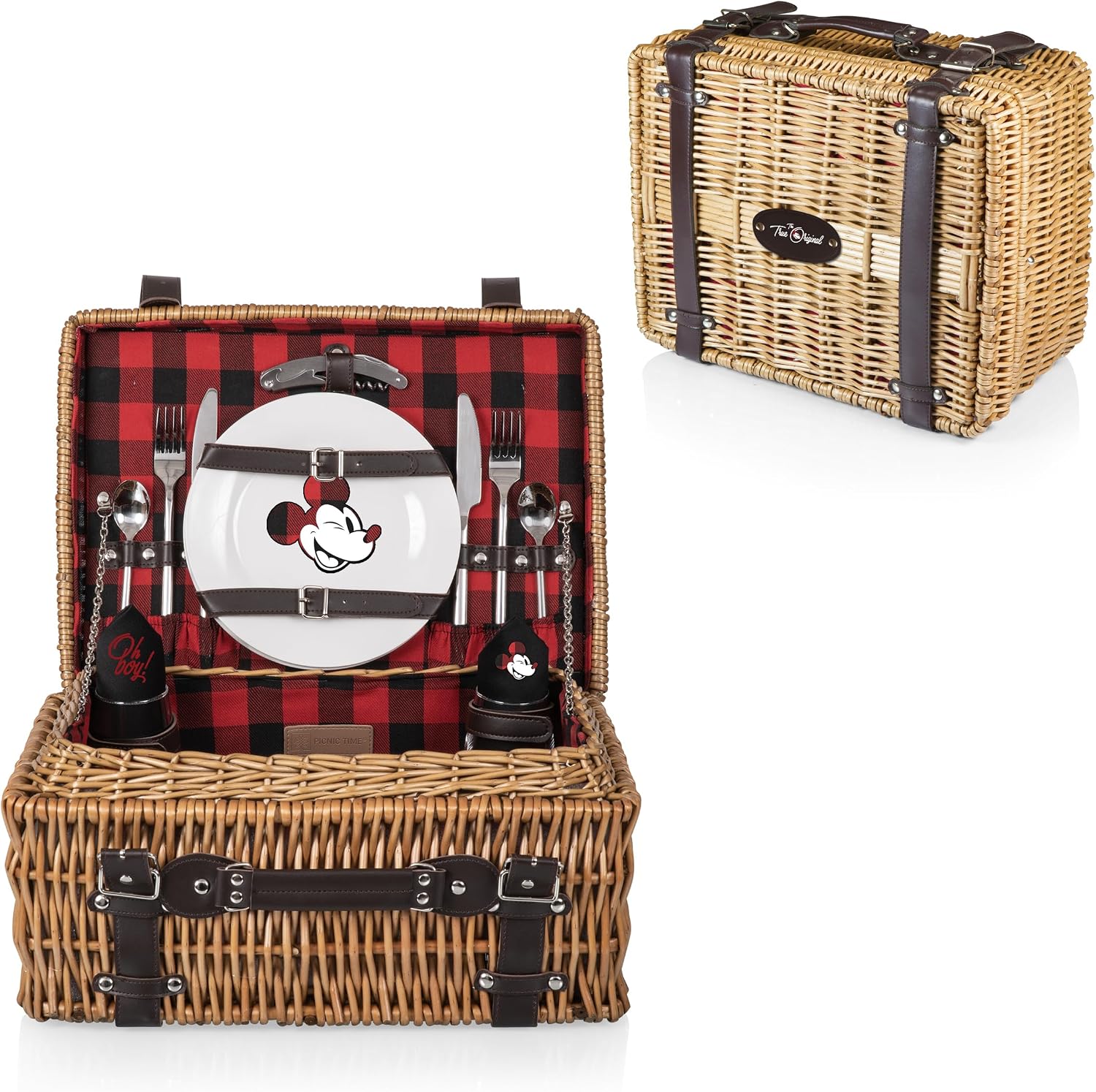 Picnic TIME Disney Mickey Mouse Champion Wicker Picnic Basket for 2 with Deluxe Cutlery Service Kit, Large Suitcase Style Picnic Set with Leatherette Handle, (Red and Black Buffalo Plaid Pattern)