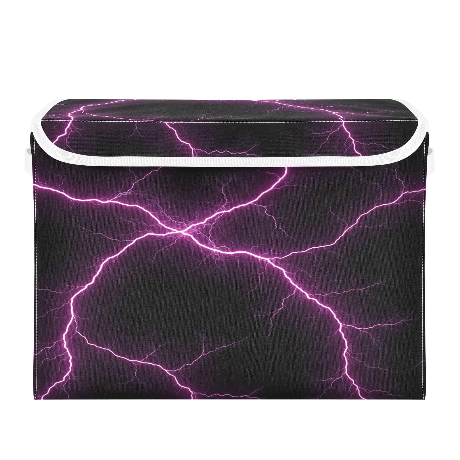 Ewusp Lightning Fabric Storage Bin with Lid, Decorative Foldable Storage Basket with Handles, Stackable Closet Shelf Organiser Box for Clothes, Books, Bedroom, Living Room