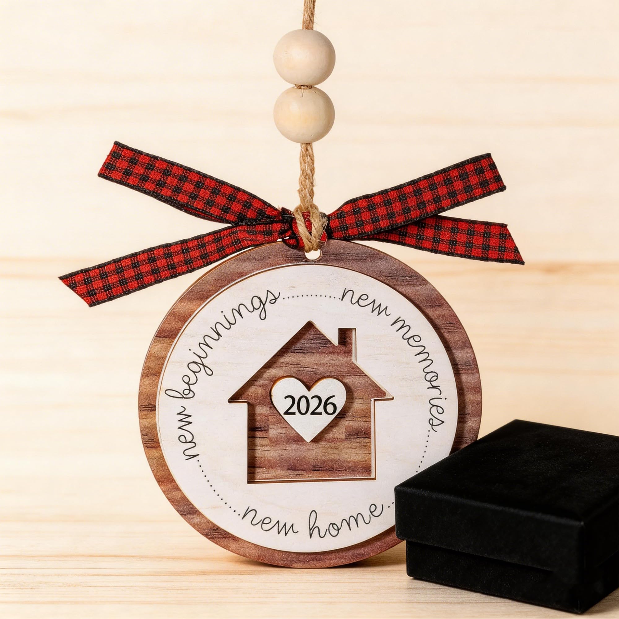 Minwegi White 2026 Wooden New Home Christmas Bauble - Heart & House Ornament For First Christmas, Housewarming Gift With Blue Gift Box, Unbreakable Tree Decoration (9X9cm)