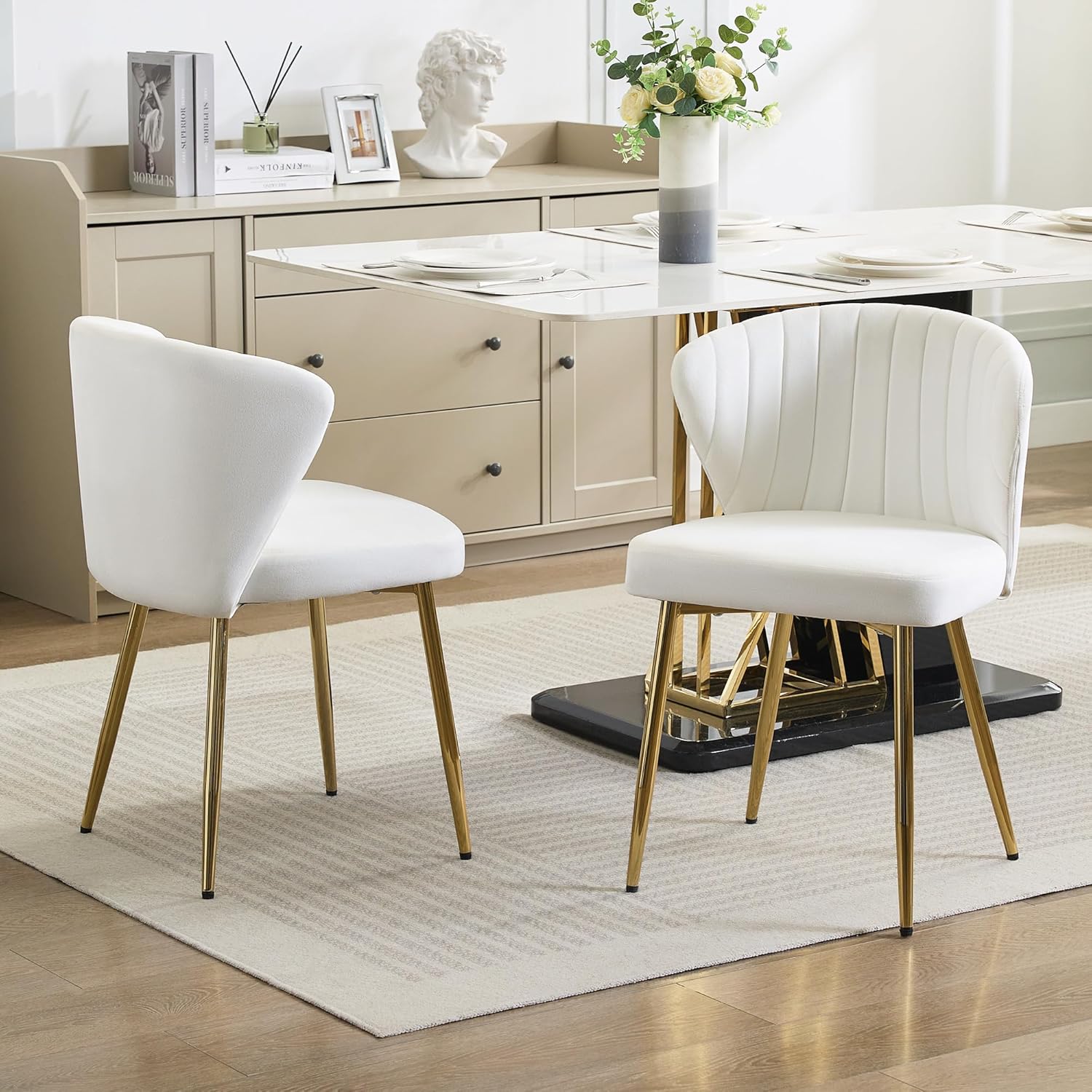 Velvet Vanity Chair, Modern Makeup Chair with Back Golden Legs, Small Cute Accent Chair for Vanity, Living Room, Bedroom, White
