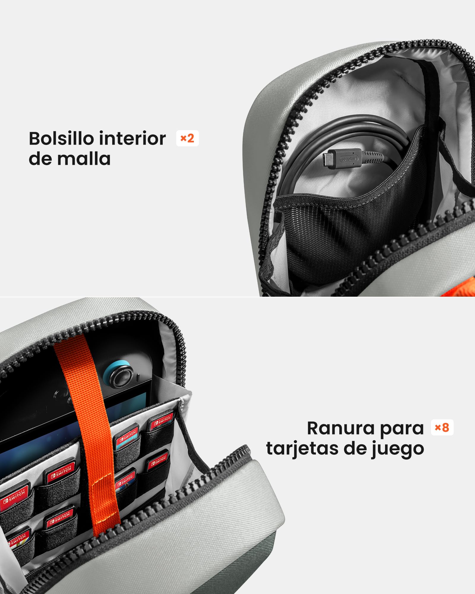 tomtoc Bandolera Bolso Sling Bag compatible con Nintendo Switch 2 Console 2025, Bolsa protectora Funda portátil de viaje para juegos con 8 ranuras para cartuchos, cargador y accesorios, Gris