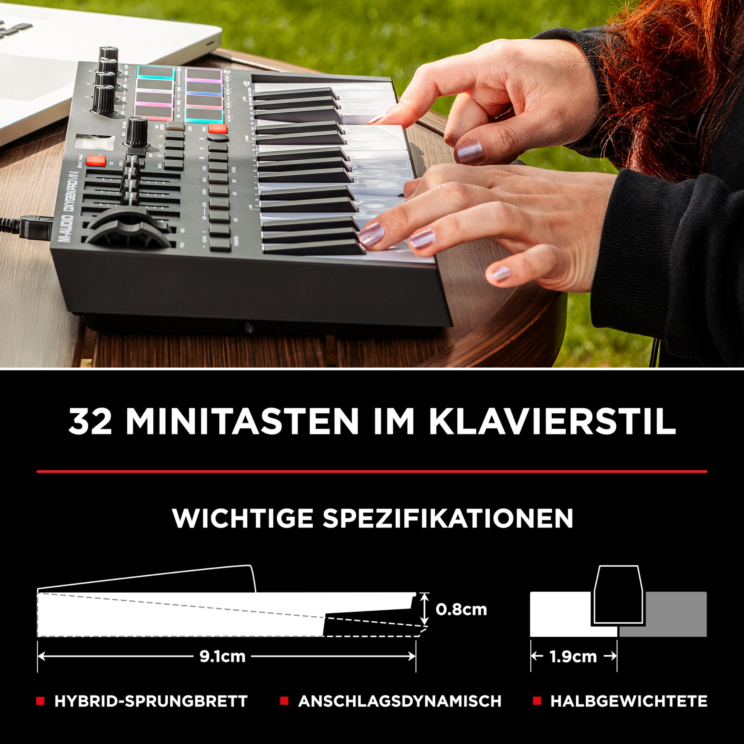 M-AUDIO Oxygen Pro Mini 32-Tasten-USB-MIDI-Keyboard-Controller für MacOS und WinOS, mit Beat-Pads, zuweisbaren Knöpfen und Fadern und Native Instruments Sound Pack (NKS Integration)