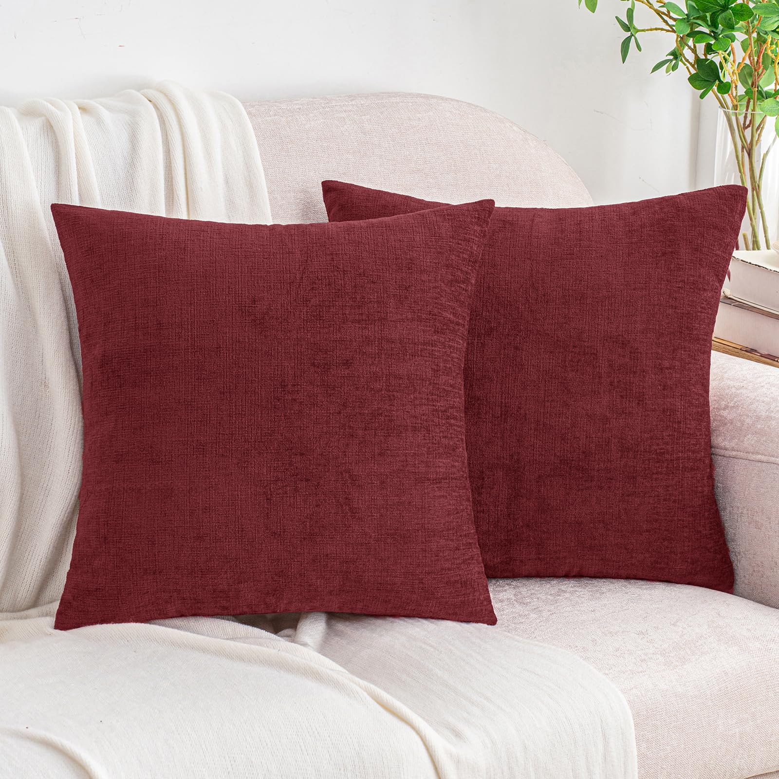 Housse de coussin chenille bordeaux 50x50 cm finition haut de gamme