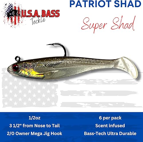 Miniatura 2 de U.S.A. Bass Tackle Patriot SHAD - Cebo de cola de pala, señuelos suaves pre-aparejados, imitación de pez cebo, cebo premium con gancho de